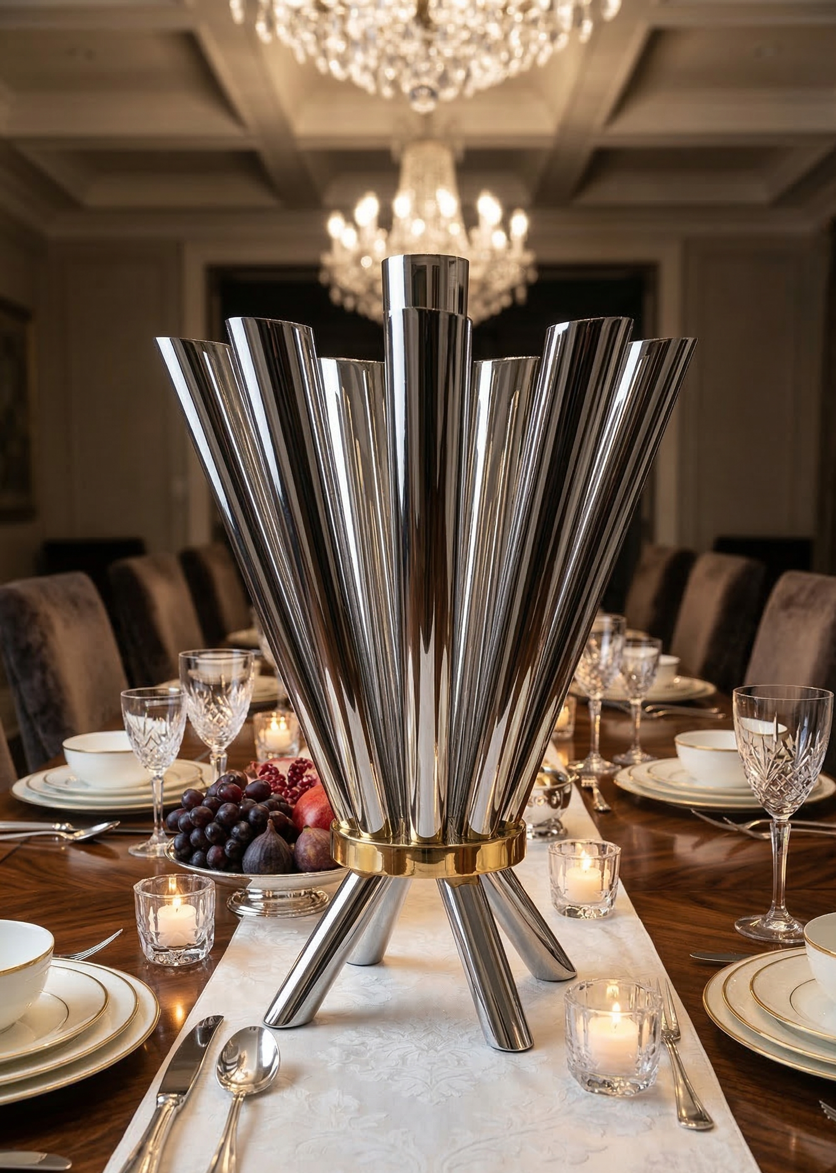 Cone Shape Sterling Silver 8 Arm Candelabra with Gold Plated Ring