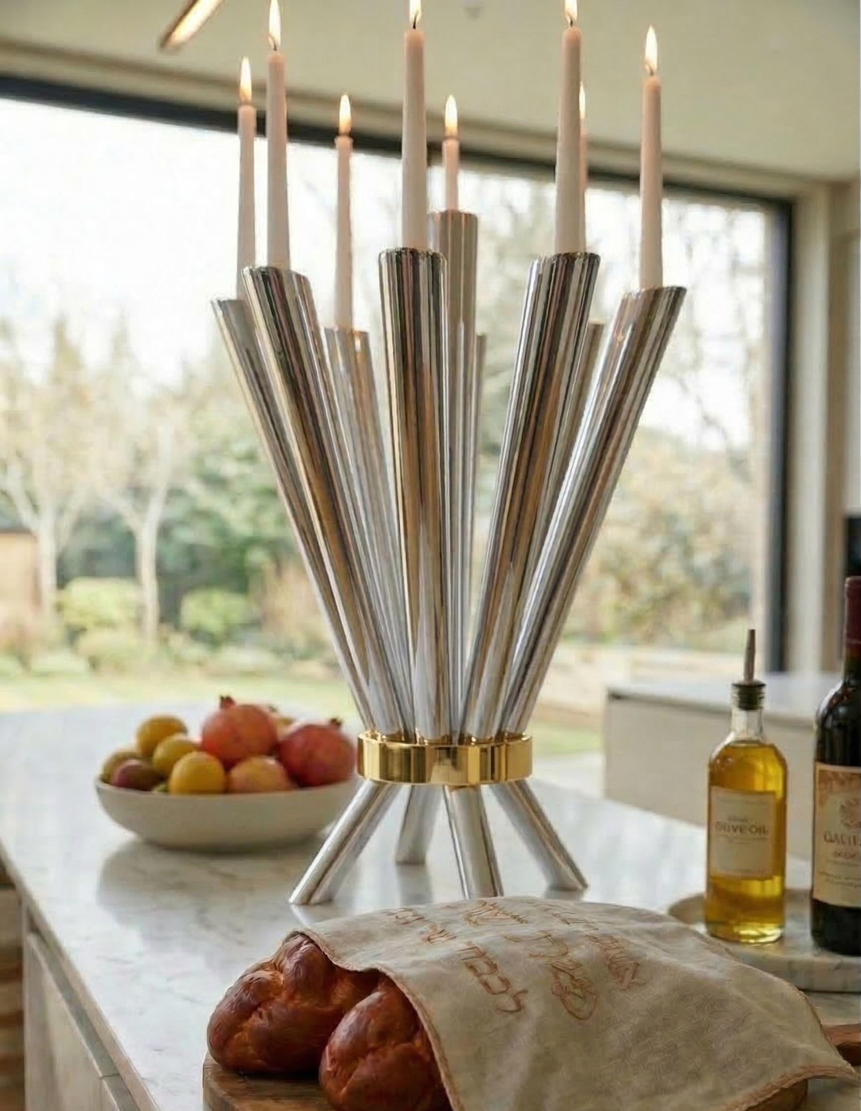 Cone Shape Sterling Silver 8 Arm Candelabra with Gold Plated Ring