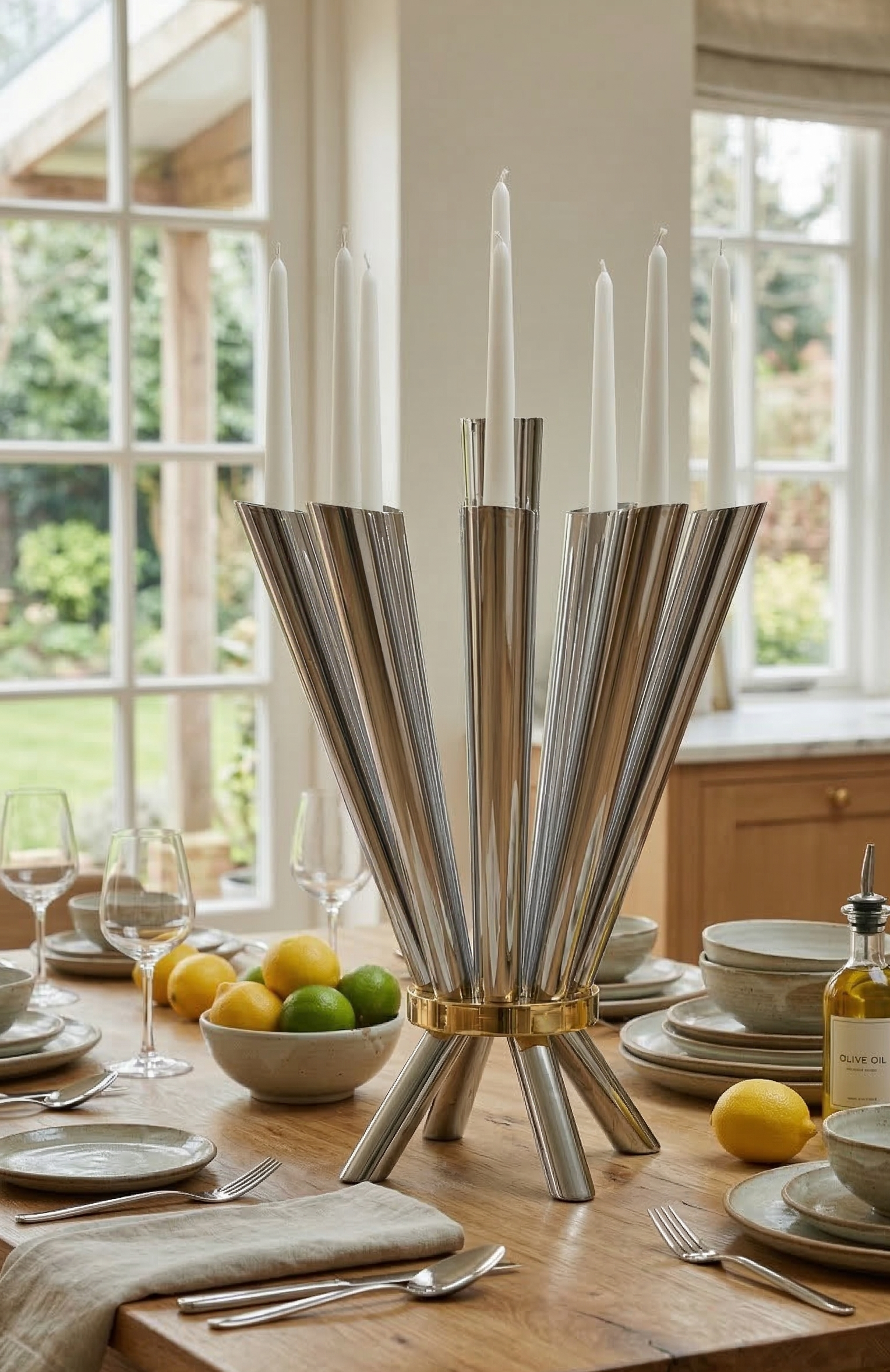Cone Shape Sterling Silver 8 Arm Candelabra with Gold Plated Ring