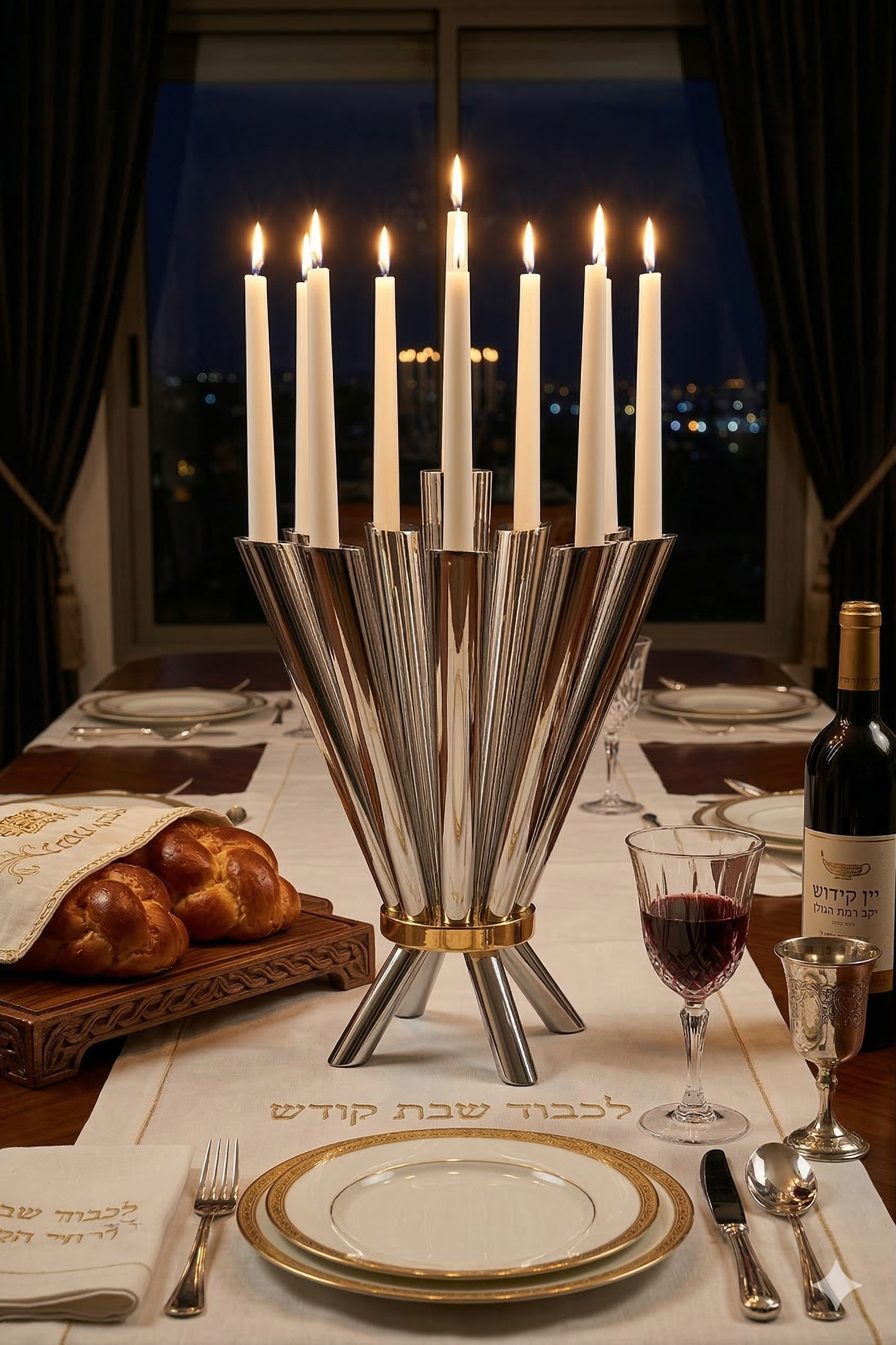 Cone Shape Sterling Silver 8 Arm Candelabra with Gold Plated Ring