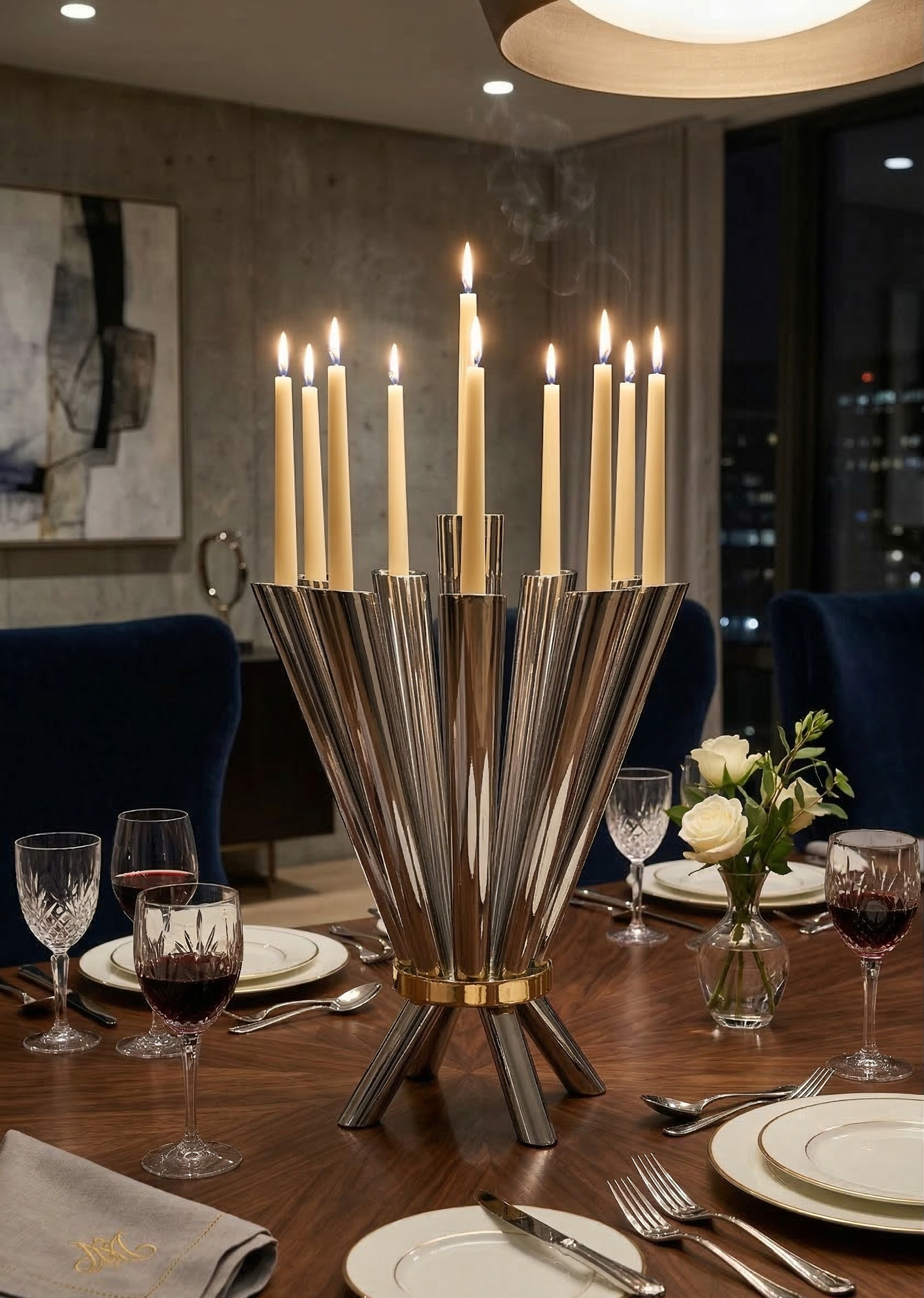 Cone Shape Sterling Silver 8 Arm Candelabra with Gold Plated Ring
