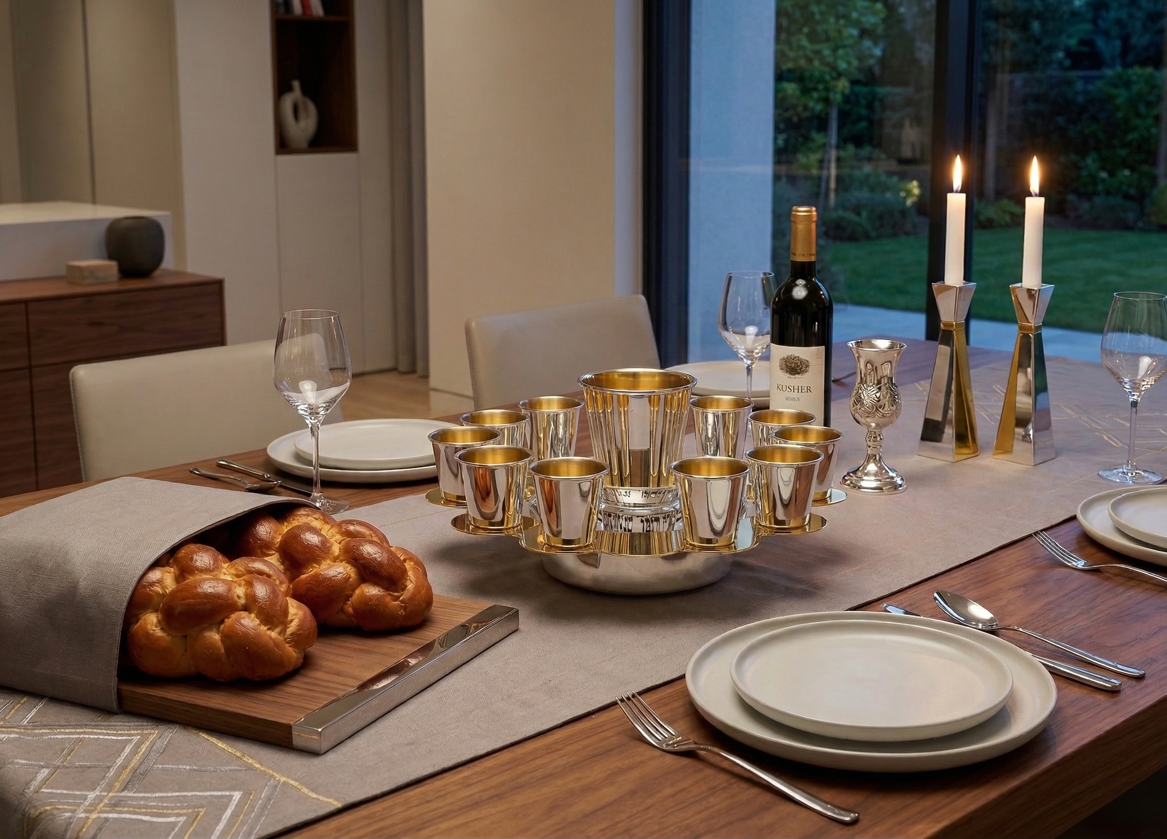 Modern Silver Ten Cups Kiddush Set with Tray and Blessing Reflection