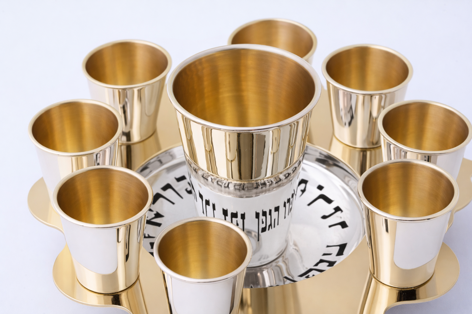Modern Silver Ten Cups Kiddush Set with Tray and Blessing Reflection
