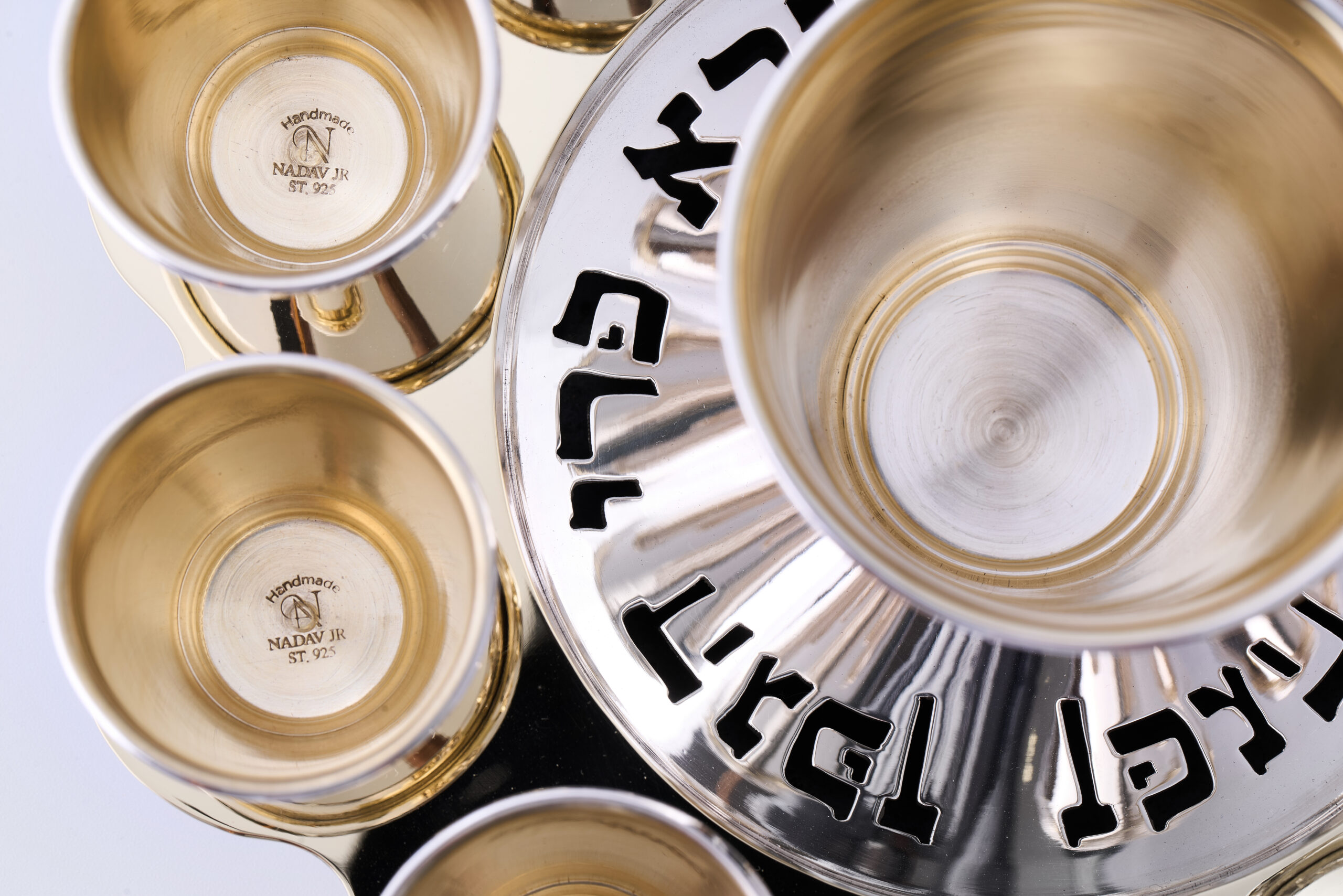 Modern Silver Ten Cups Kiddush Set with Tray and Blessing Reflection