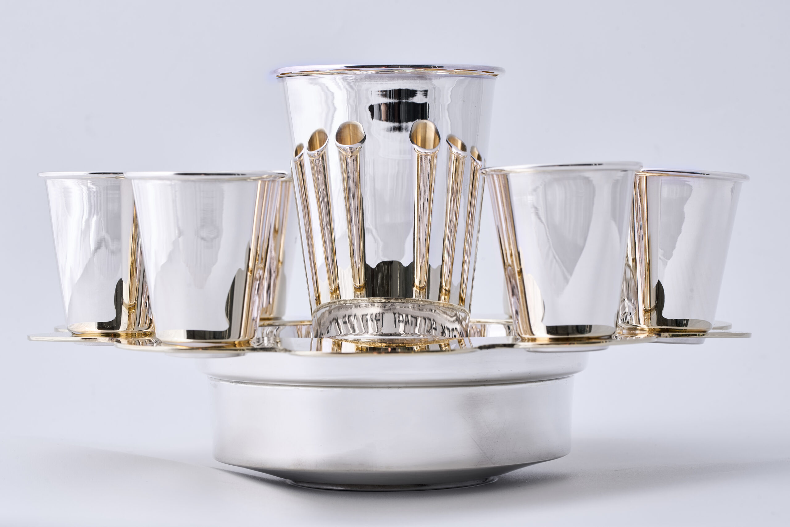 Modern Silver Ten Cups Kiddush Set with Tray and Blessing Reflection