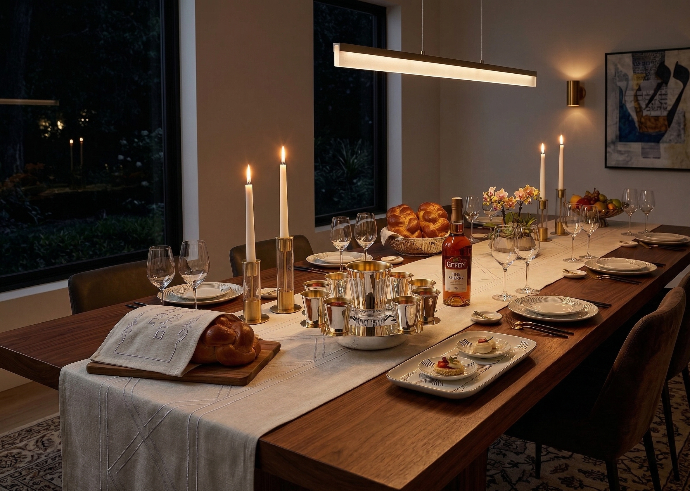 Modern Silver Ten Cups Kiddush Set with Tray and Blessing Reflection