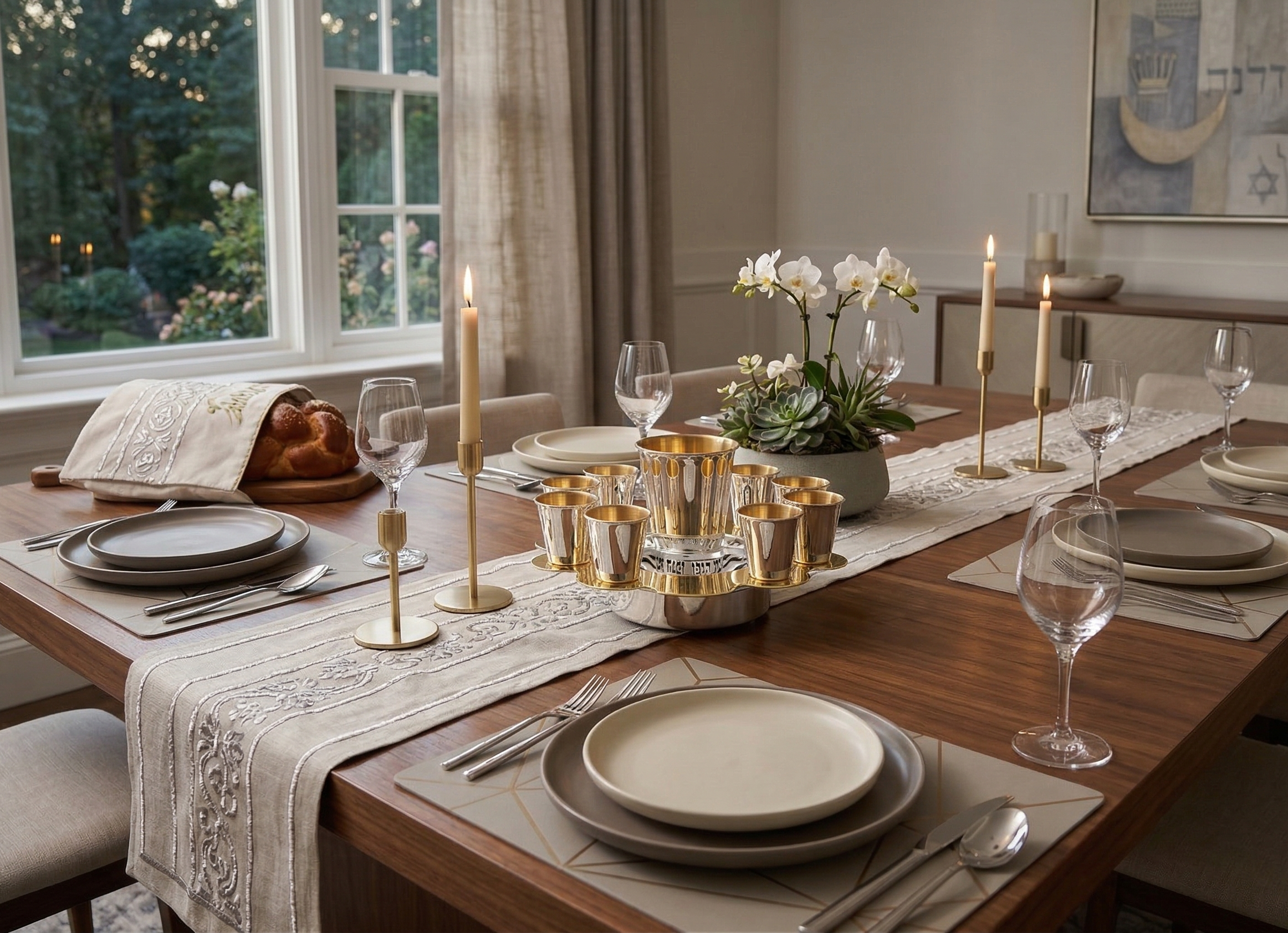 Modern Silver Ten Cups Kiddush Set with Tray and Blessing Reflection