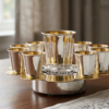 Modern Silver Ten Cups Kiddush Set with Tray and Blessing Reflection