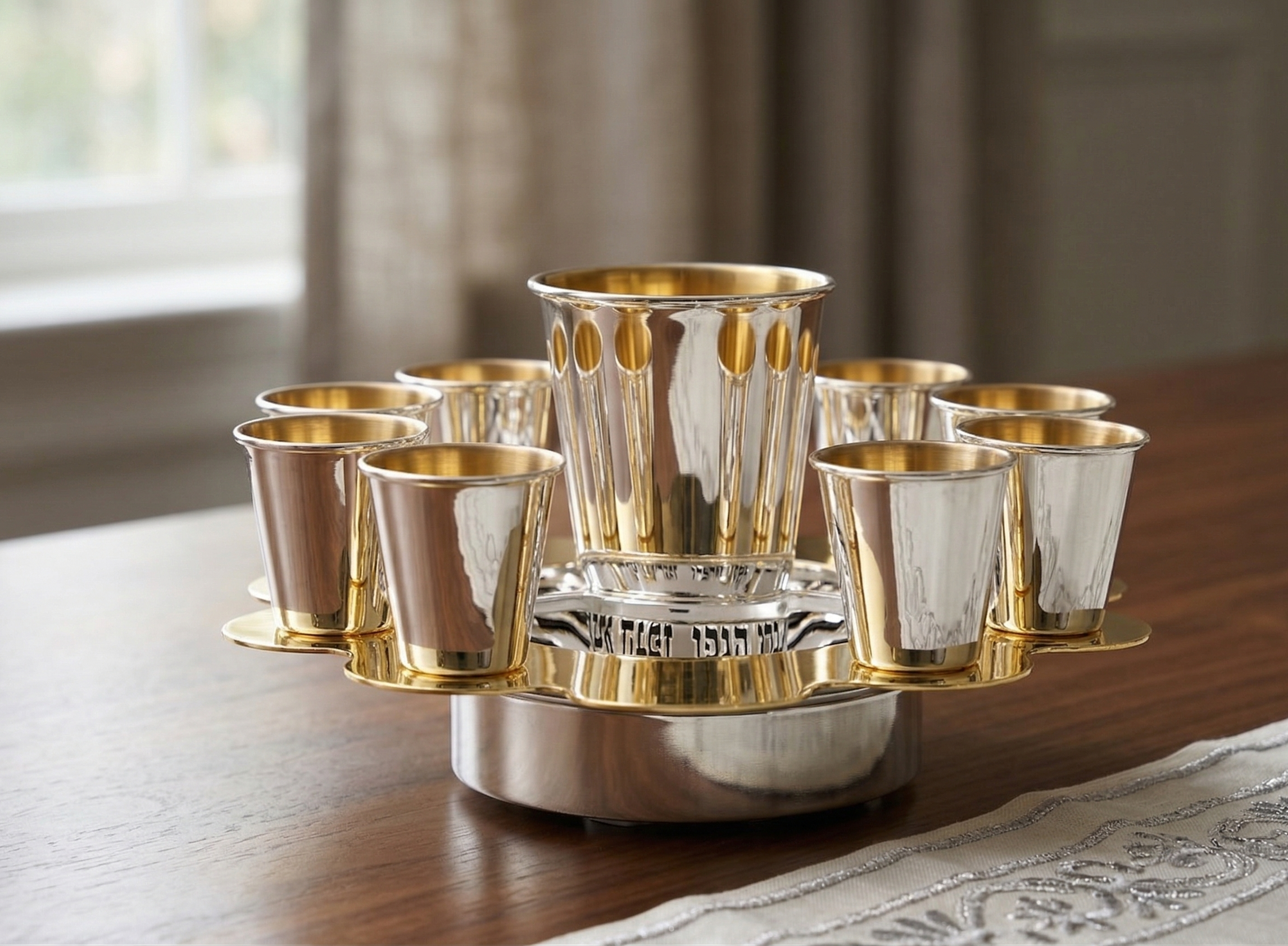 Modern Silver Ten Cups Kiddush Set with Tray and Blessing Reflection