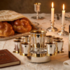 Modern Silver Ten Cups Kiddush Set with Tray and Blessing Reflection