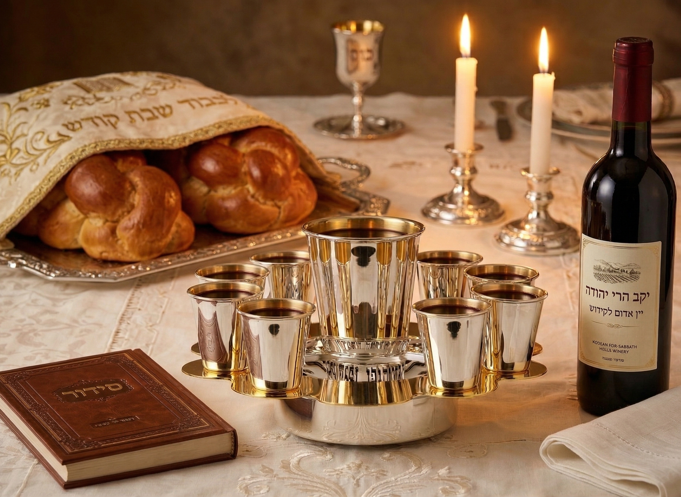 Modern Silver Ten Cups Kiddush Set with Tray and Blessing Reflection