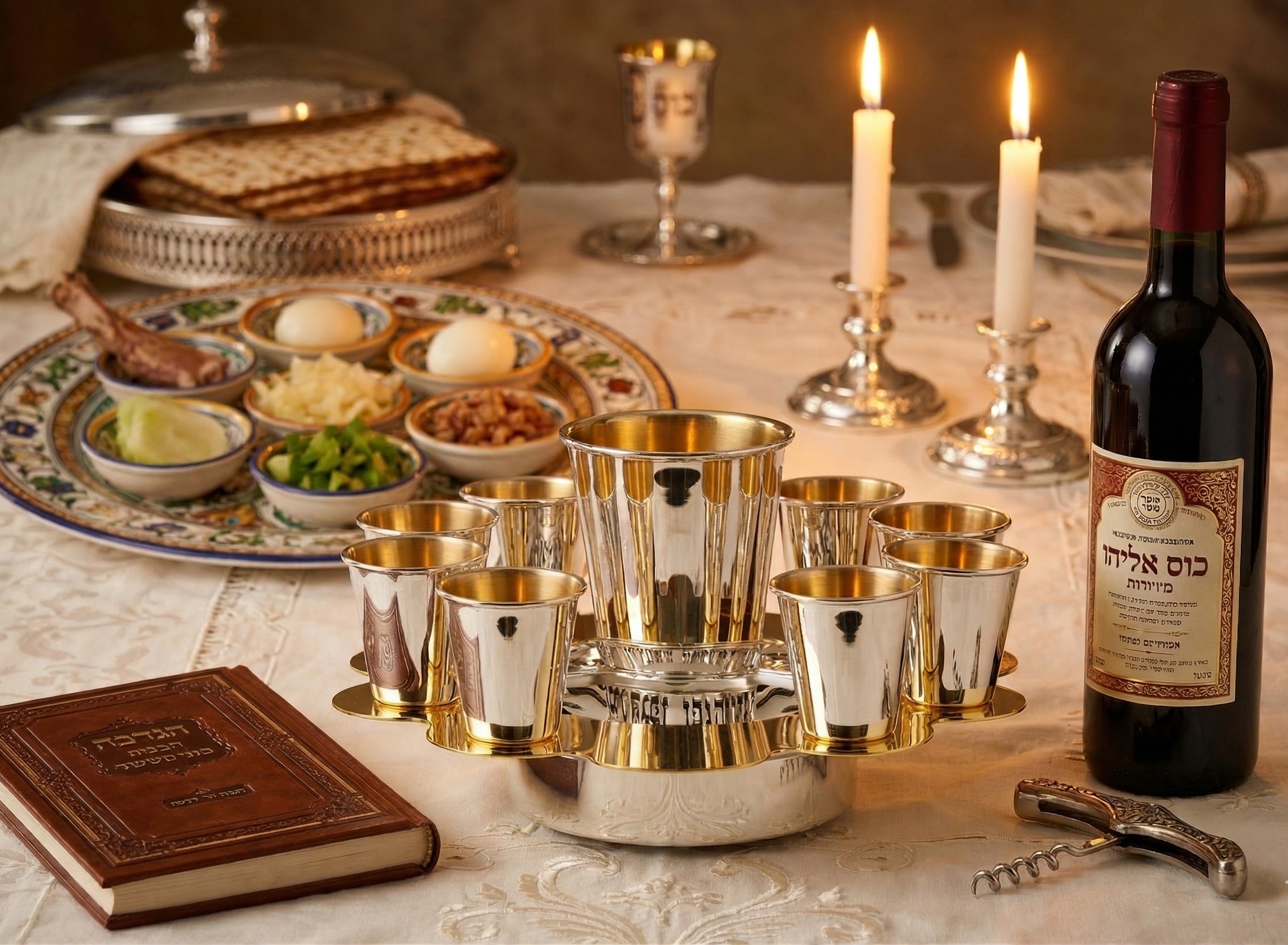 Modern Silver Ten Cups Kiddush Set with Tray and Blessing Reflection