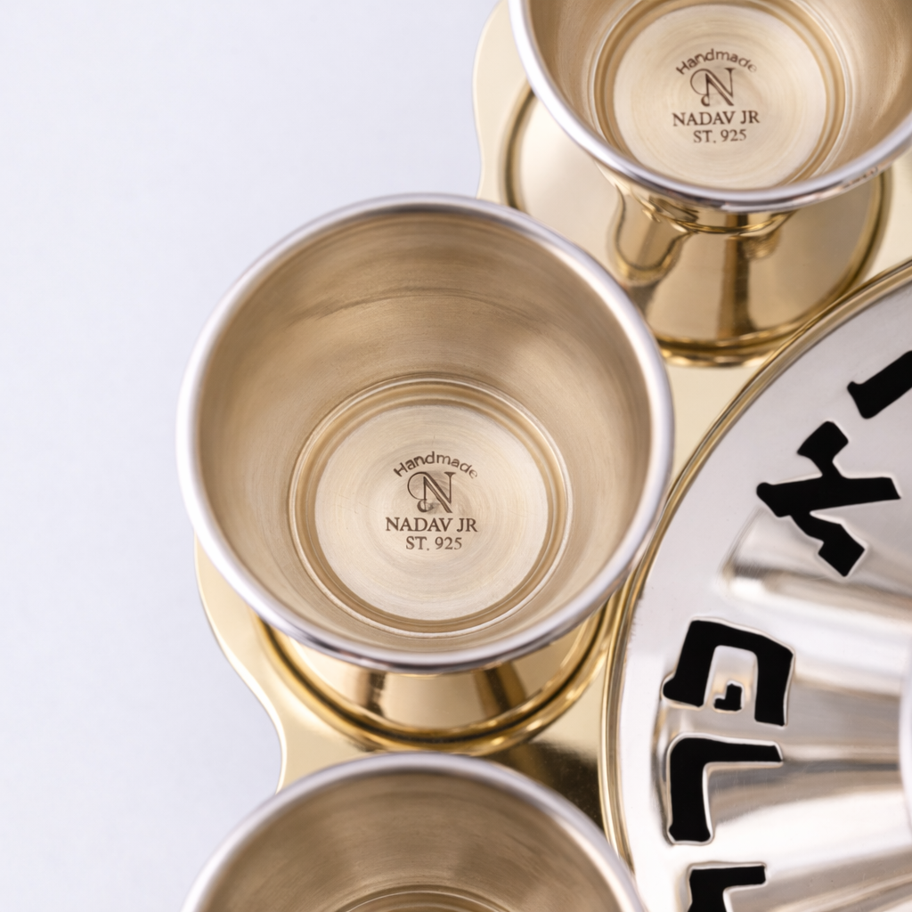 Modern Silver Ten Cups Kiddush Set with Tray and Blessing Reflection