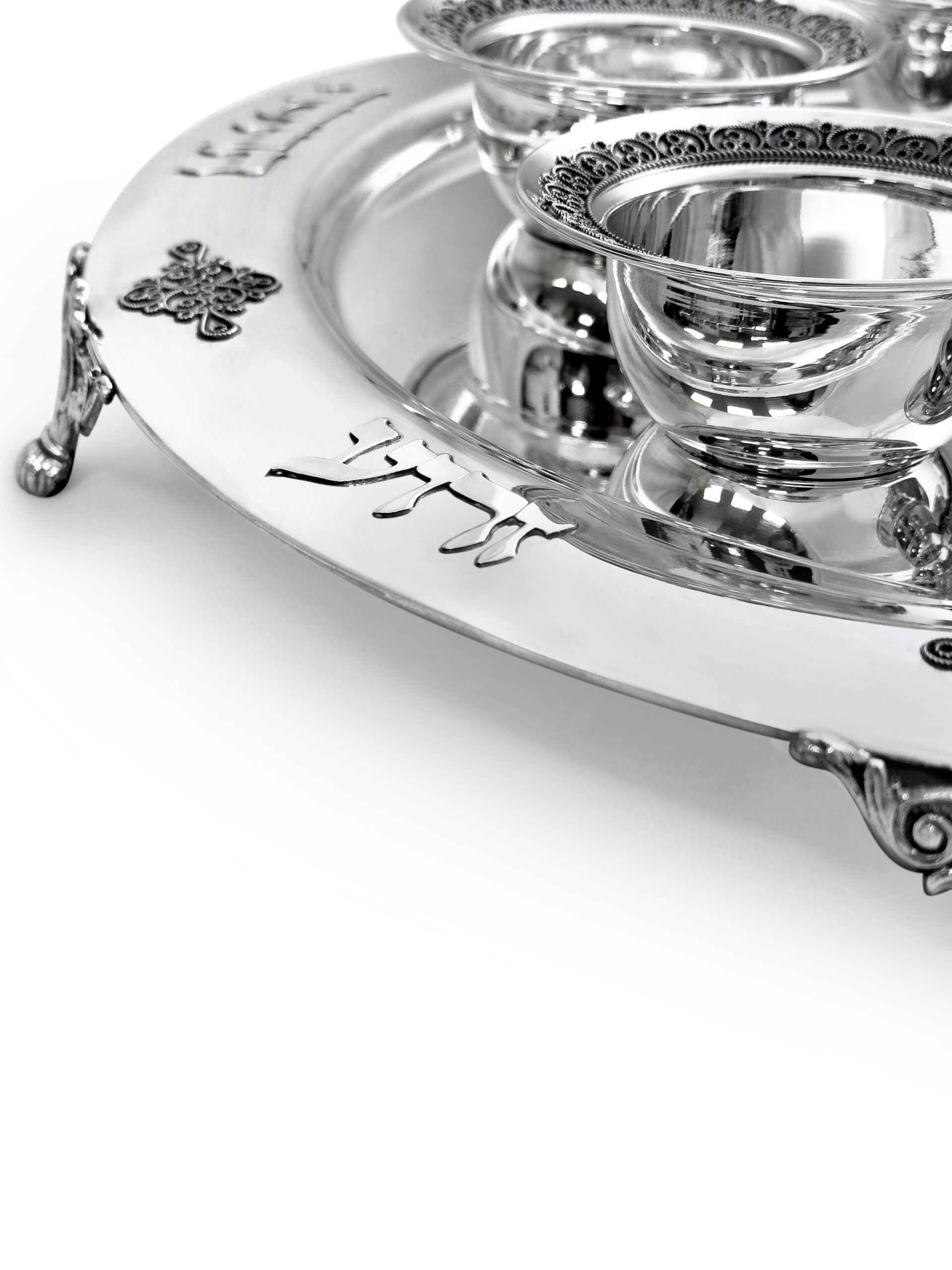 Large Yemenite Crown Filigree Silver Seder Plate on Ornate Feet