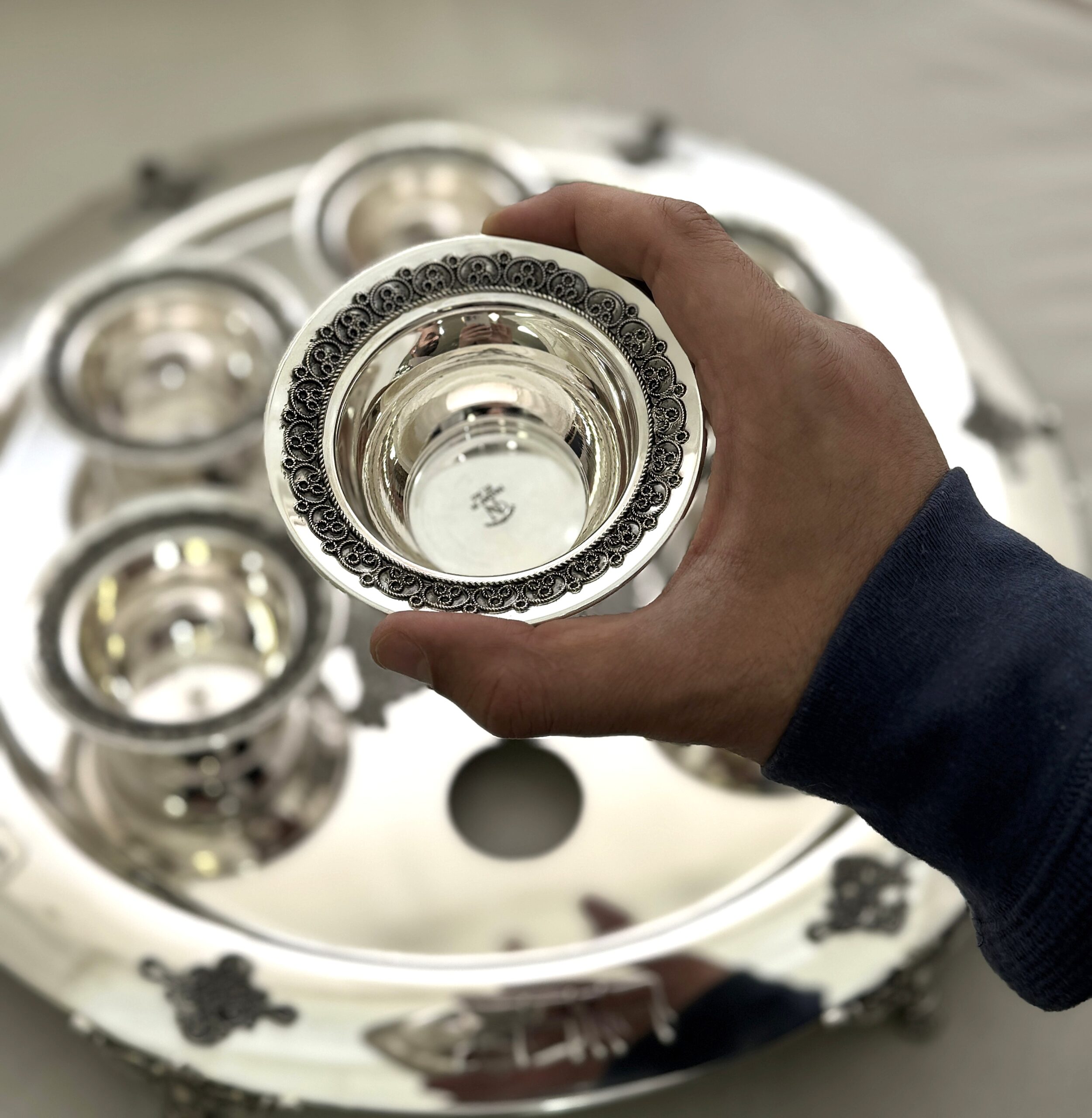 Large Yemenite Crown Filigree Silver Seder Plate on Ornate Feet
