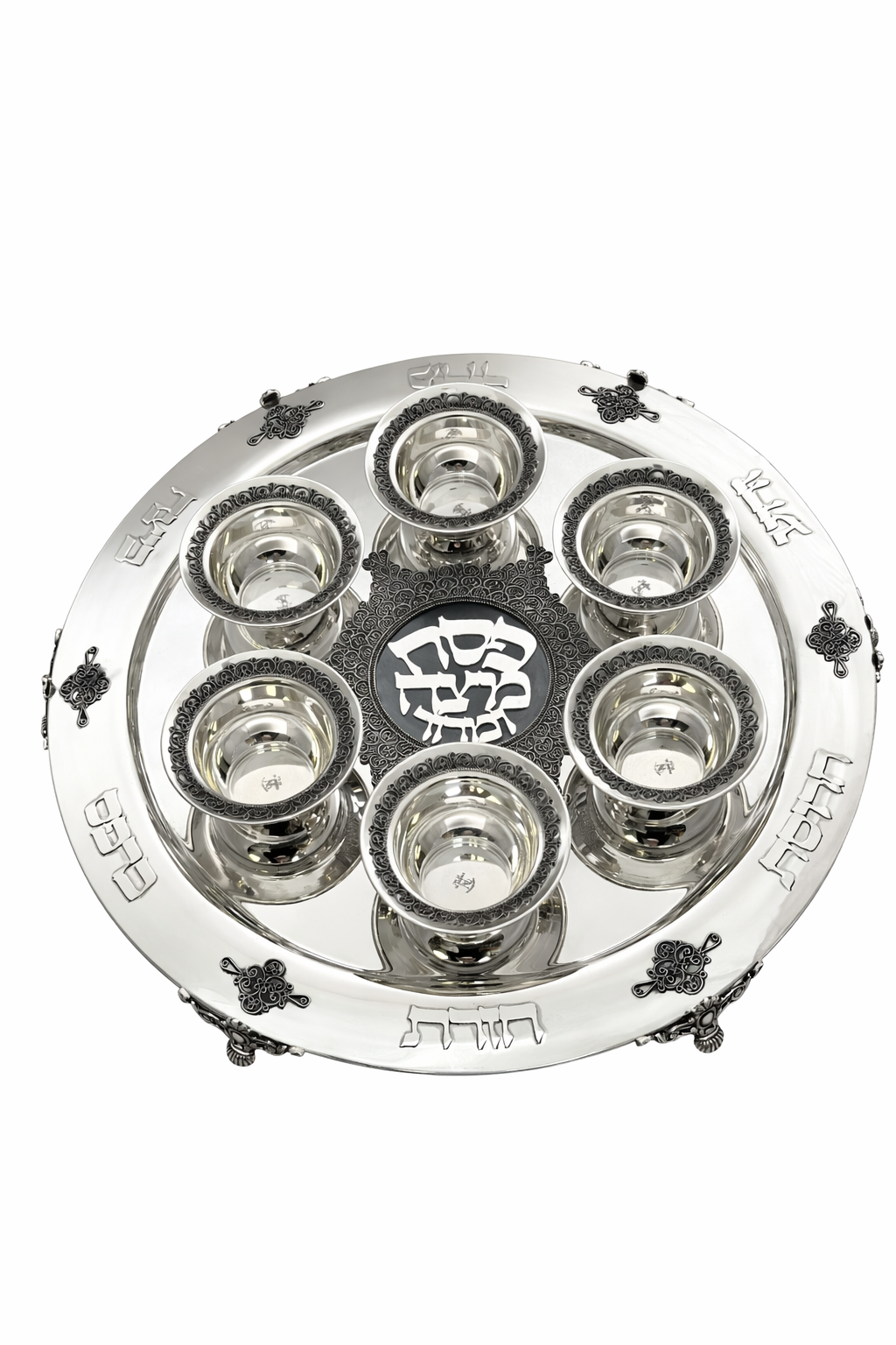 Large Yemenite Crown Filigree Silver Seder Plate on Ornate Feet