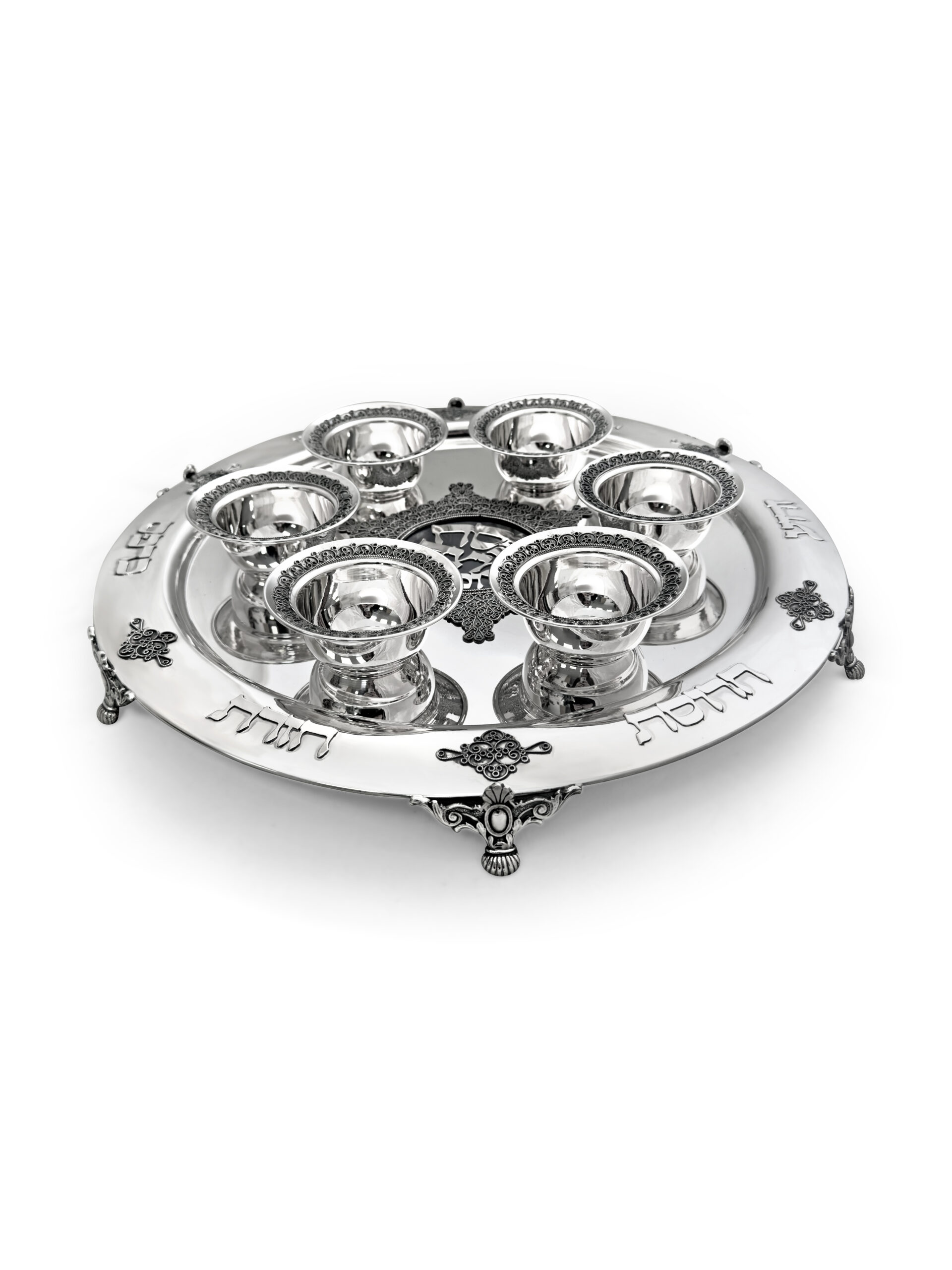 Large Yemenite Crown Filigree Silver Seder Plate on Ornate Feet