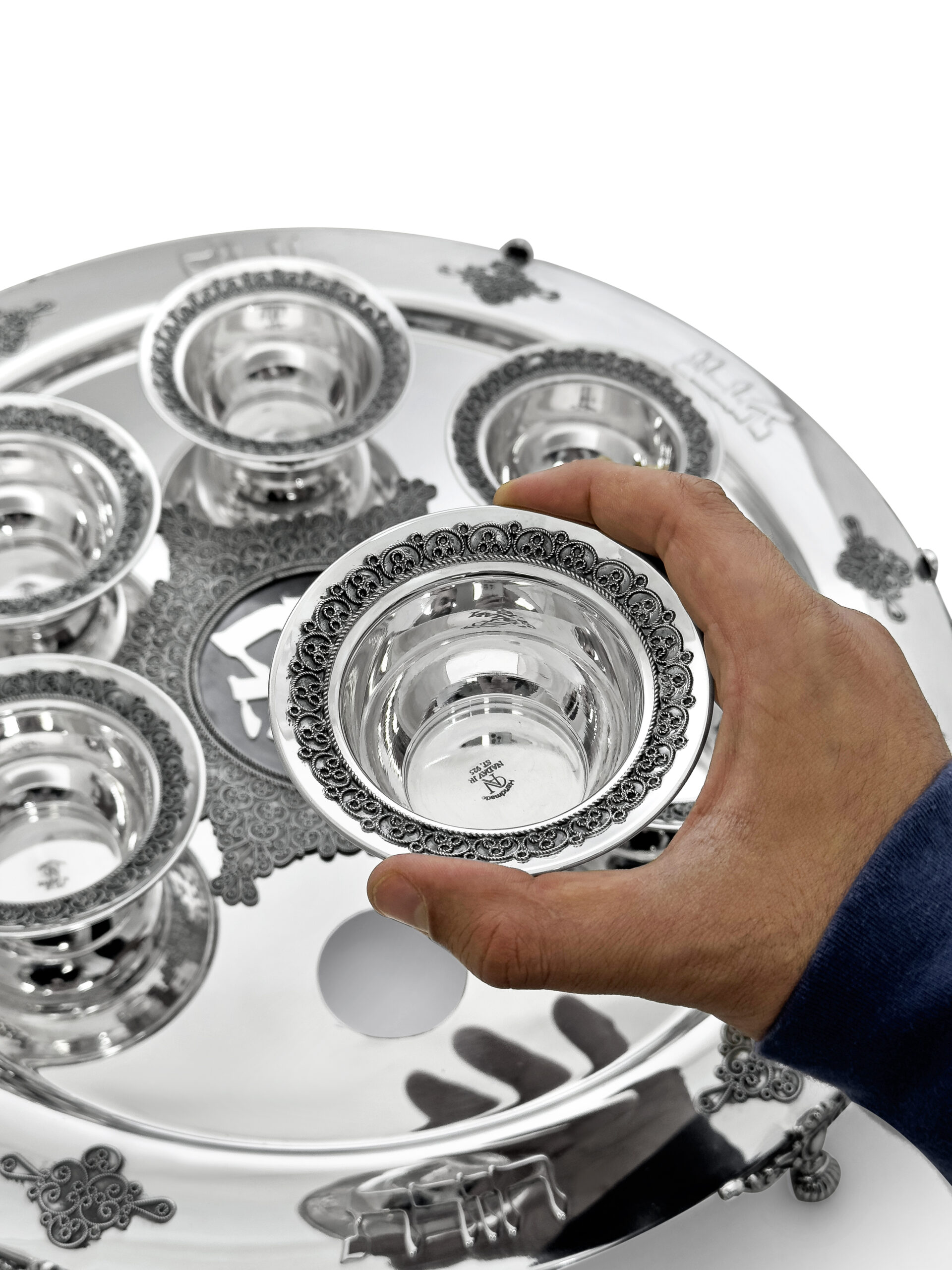 Large Yemenite Crown Filigree Silver Seder Plate on Ornate Feet