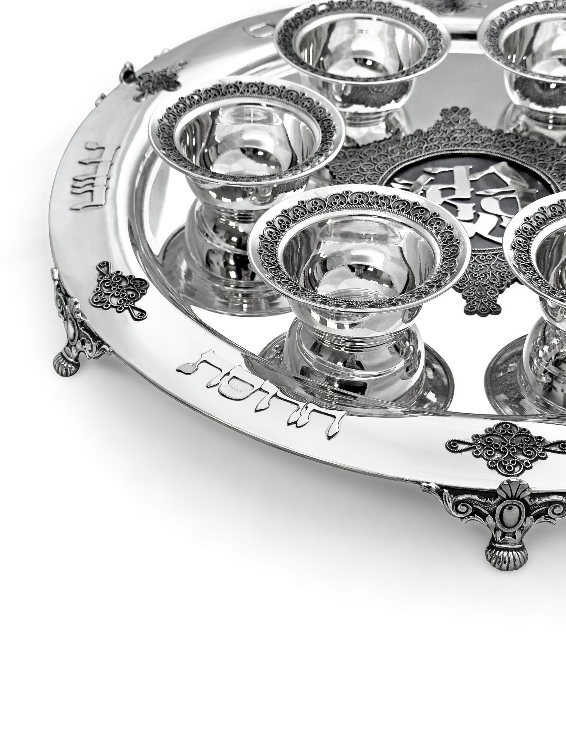 Large Yemenite Crown Filigree Silver Seder Plate on Ornate Feet