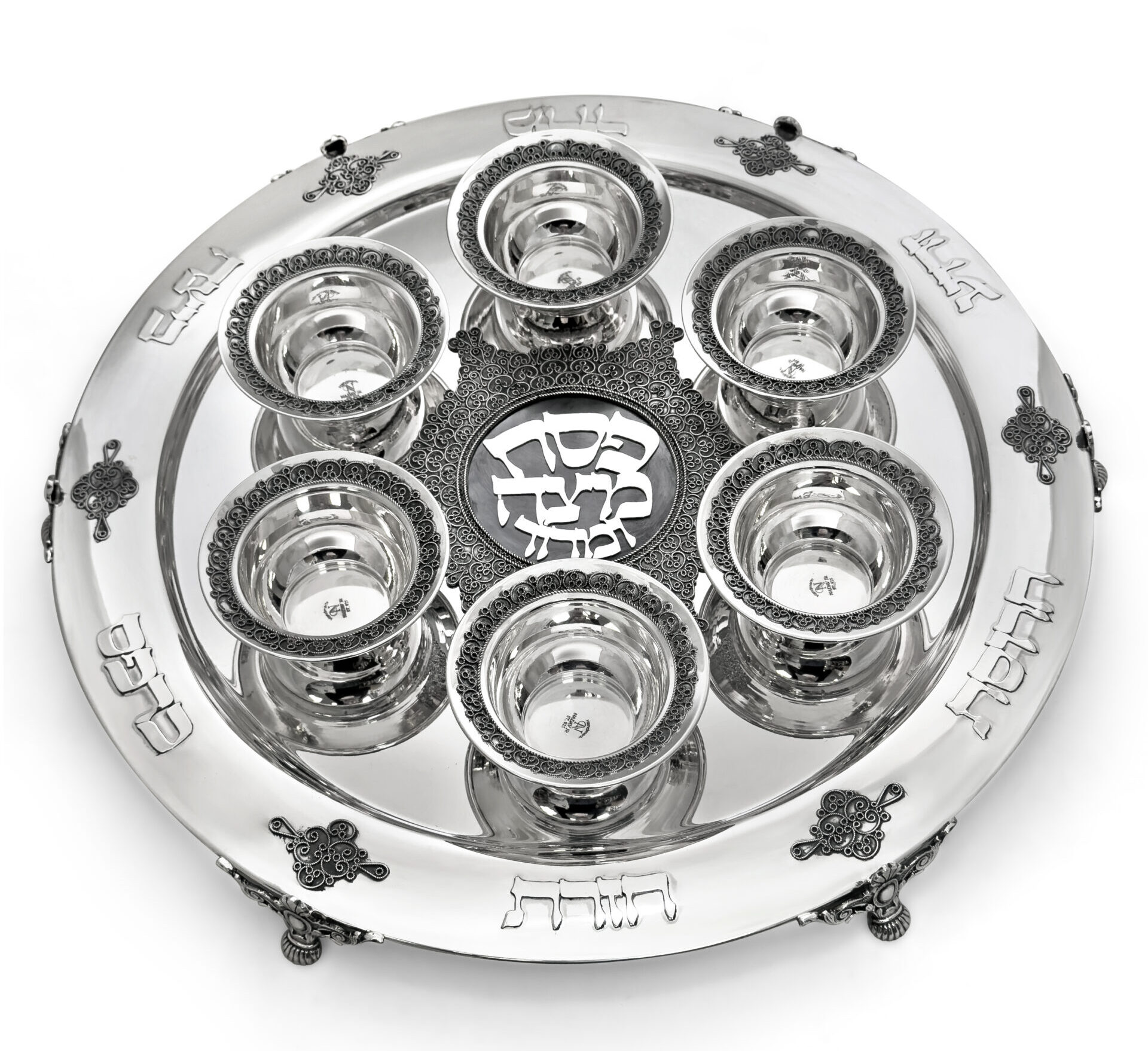 Large Yemenite Crown Filigree Silver Seder Plate on Ornate Feet