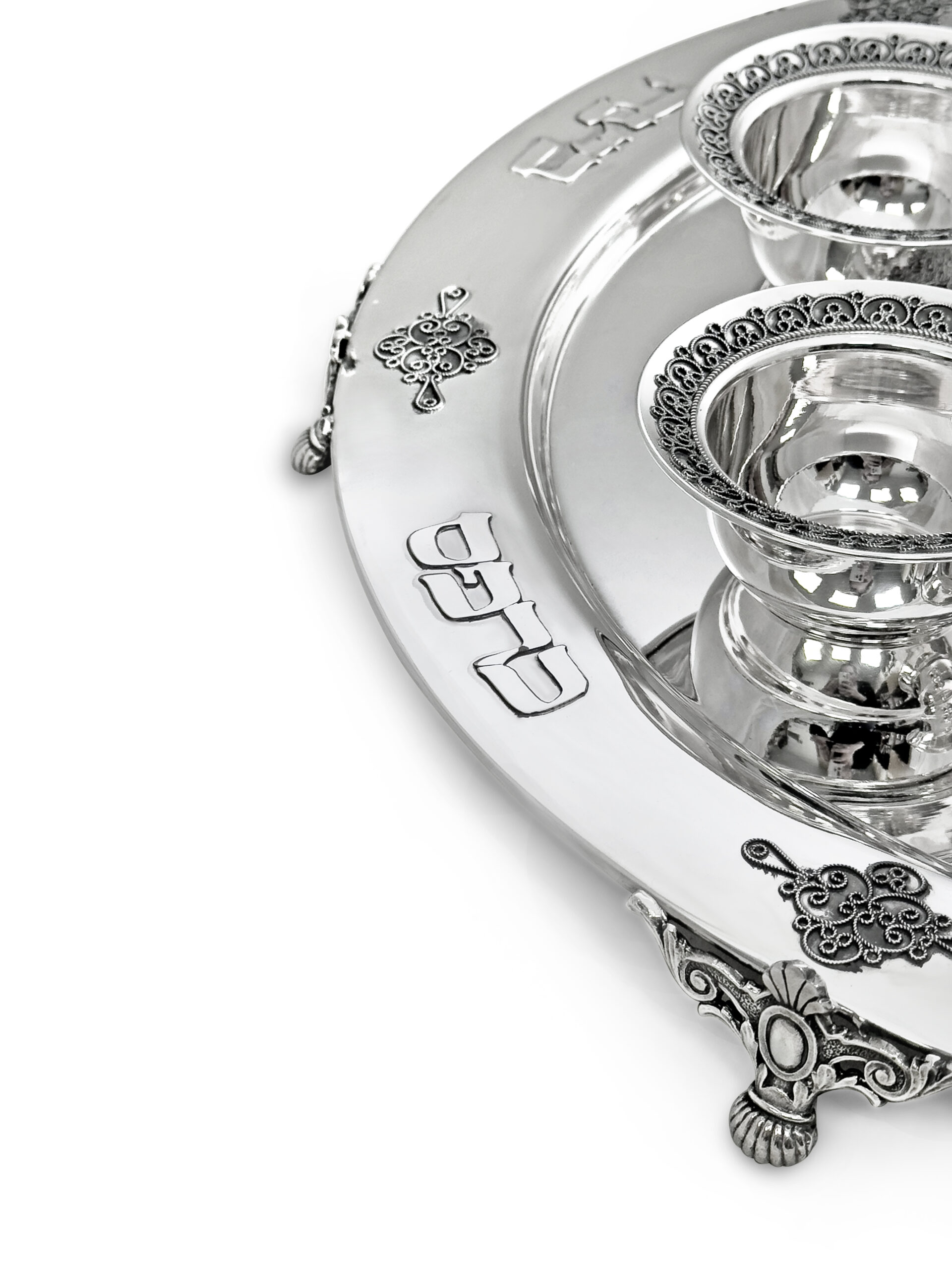 Large Yemenite Crown Filigree Silver Seder Plate on Ornate Feet