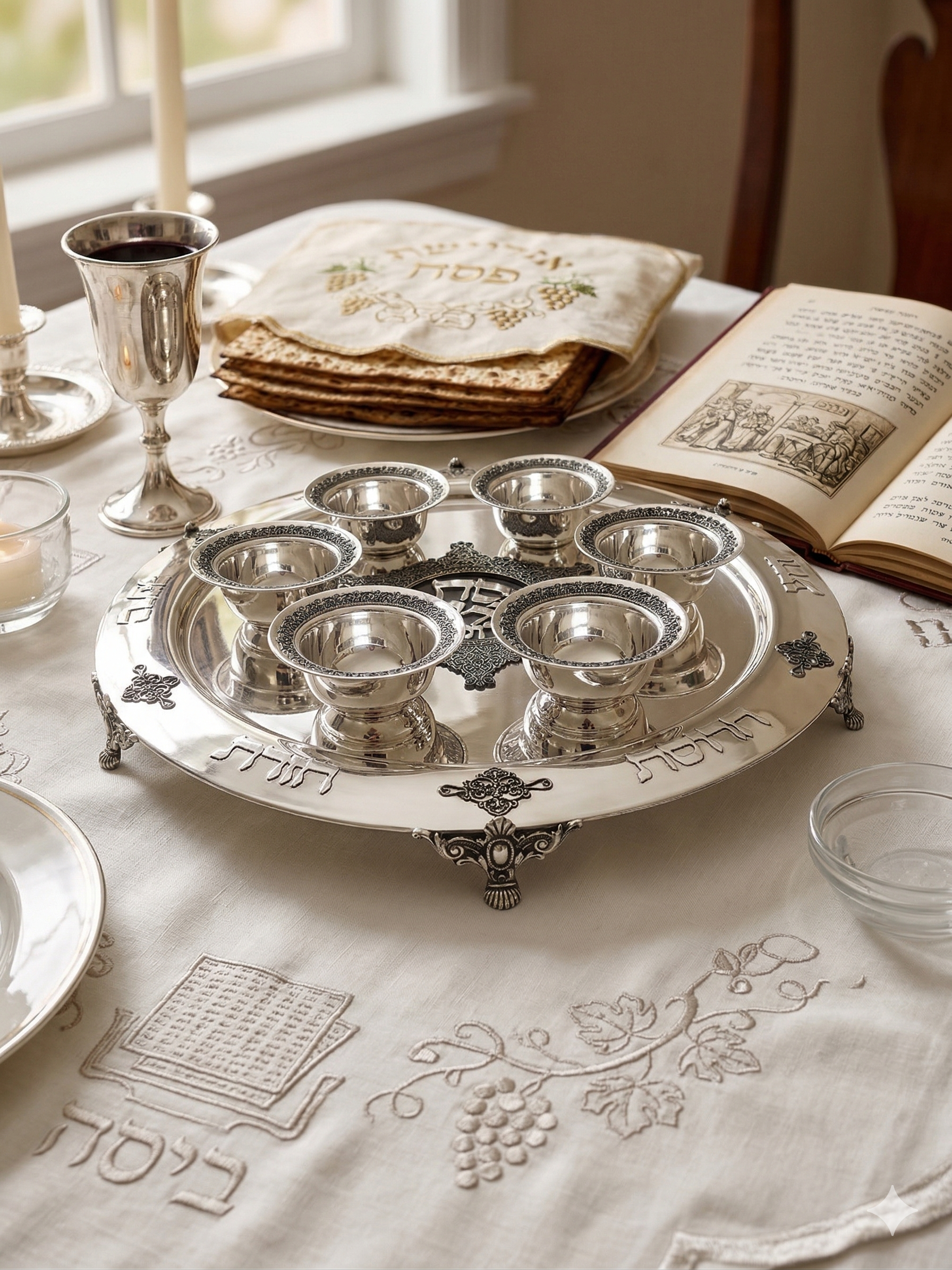 Large Yemenite Crown Filigree Silver Seder Plate on Ornate Feet