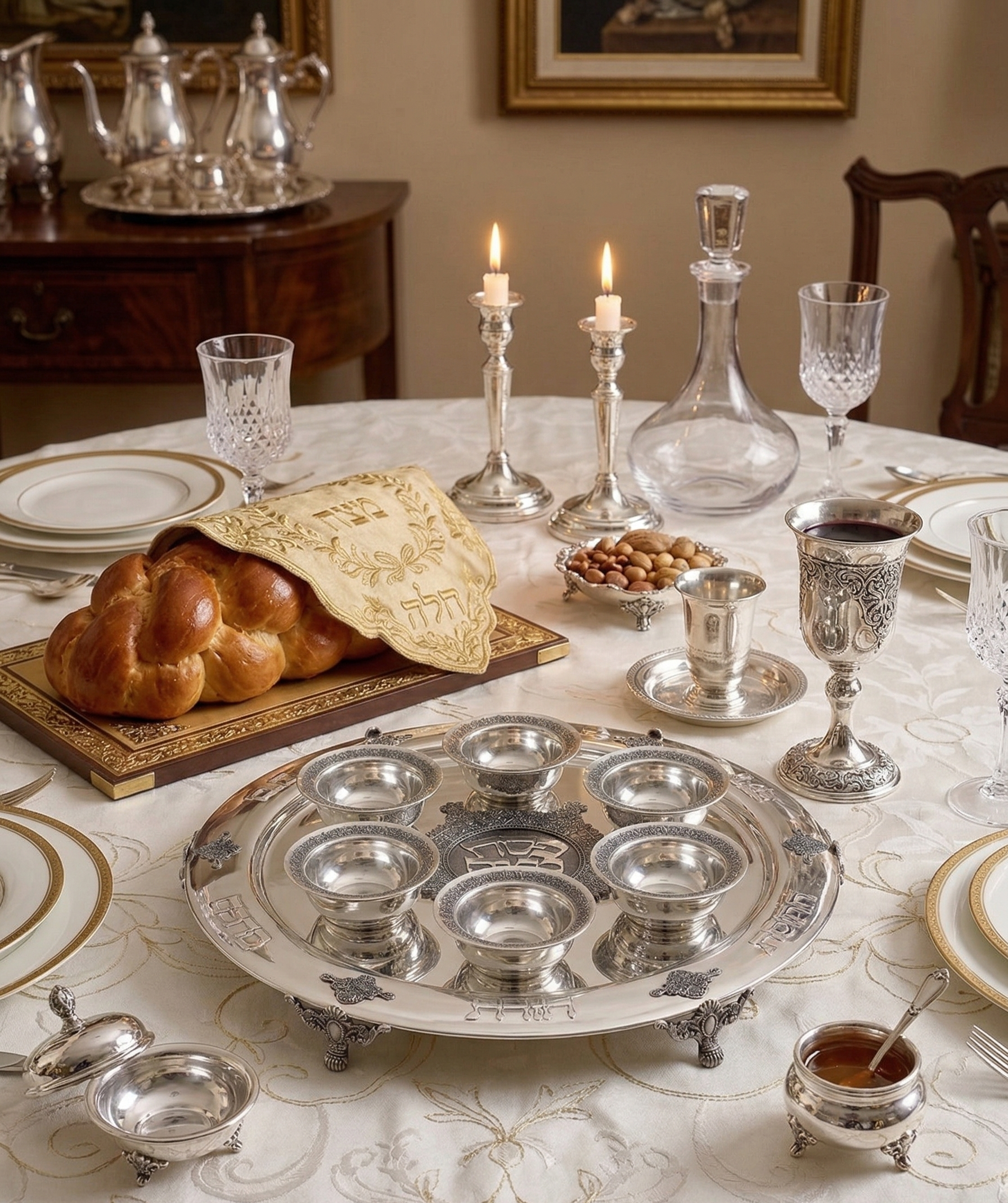 Large Yemenite Crown Filigree Silver Seder Plate on Ornate Feet
