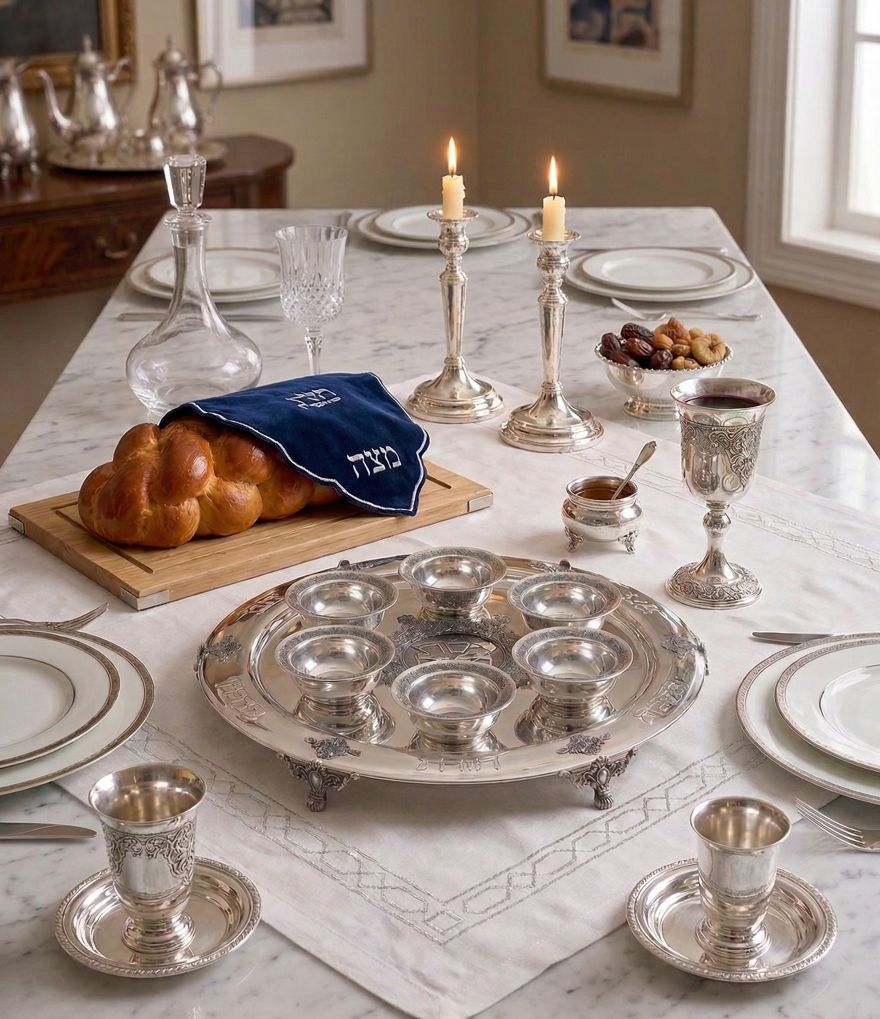 Large Yemenite Crown Filigree Silver Seder Plate on Ornate Feet