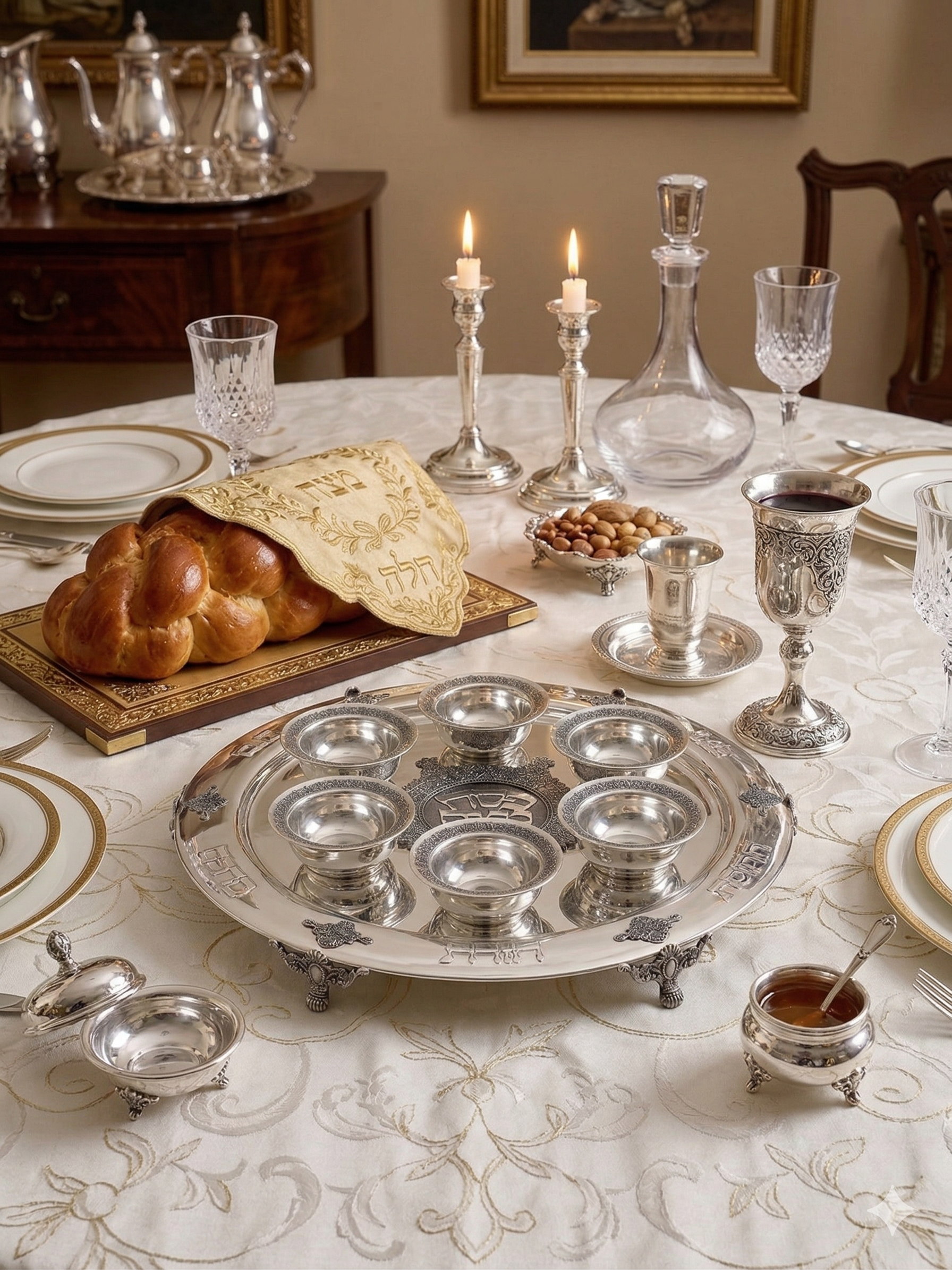 Large Yemenite Crown Filigree Silver Seder Plate on Ornate Feet