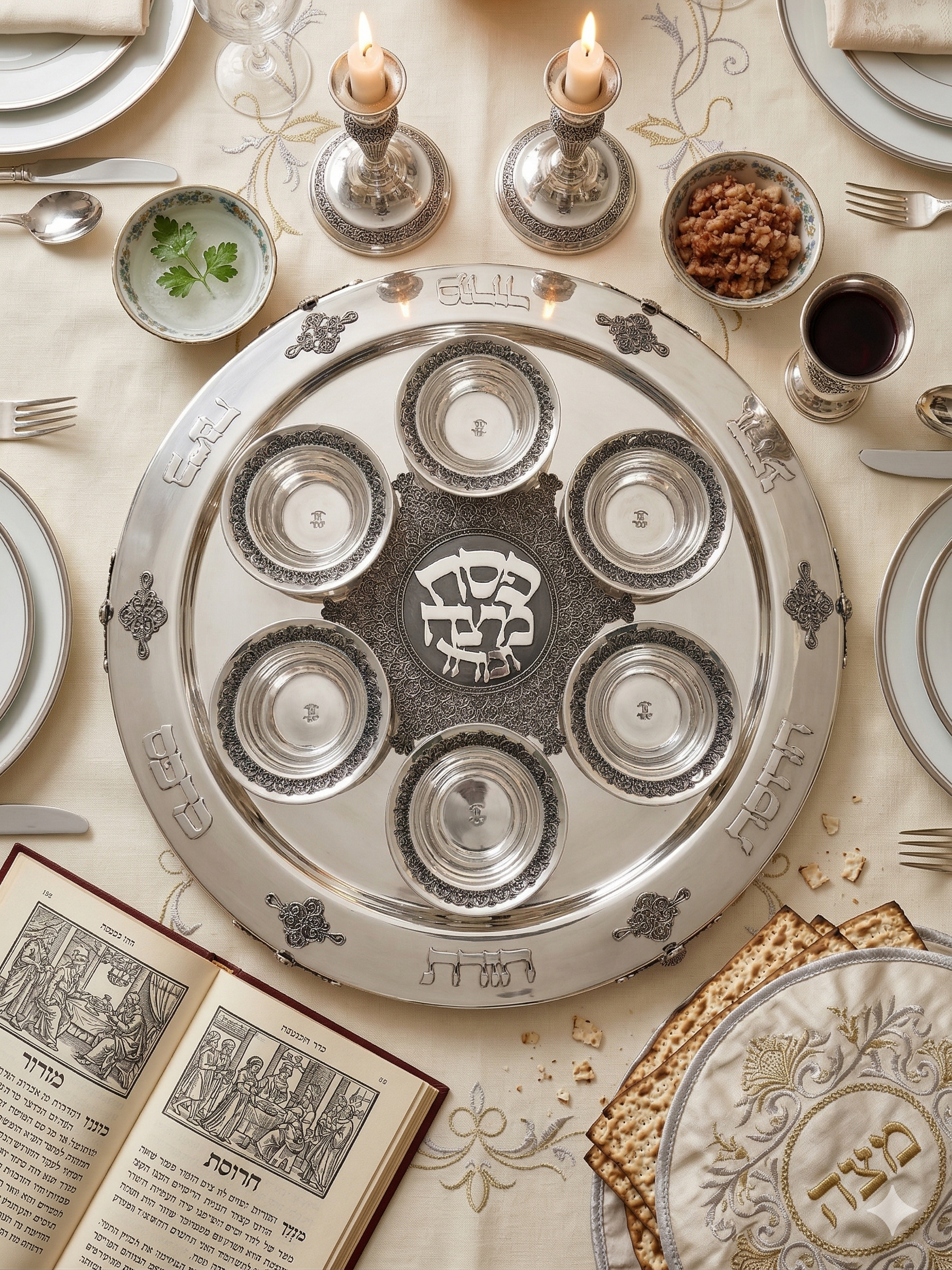 Large Yemenite Crown Filigree Silver Seder Plate on Ornate Feet