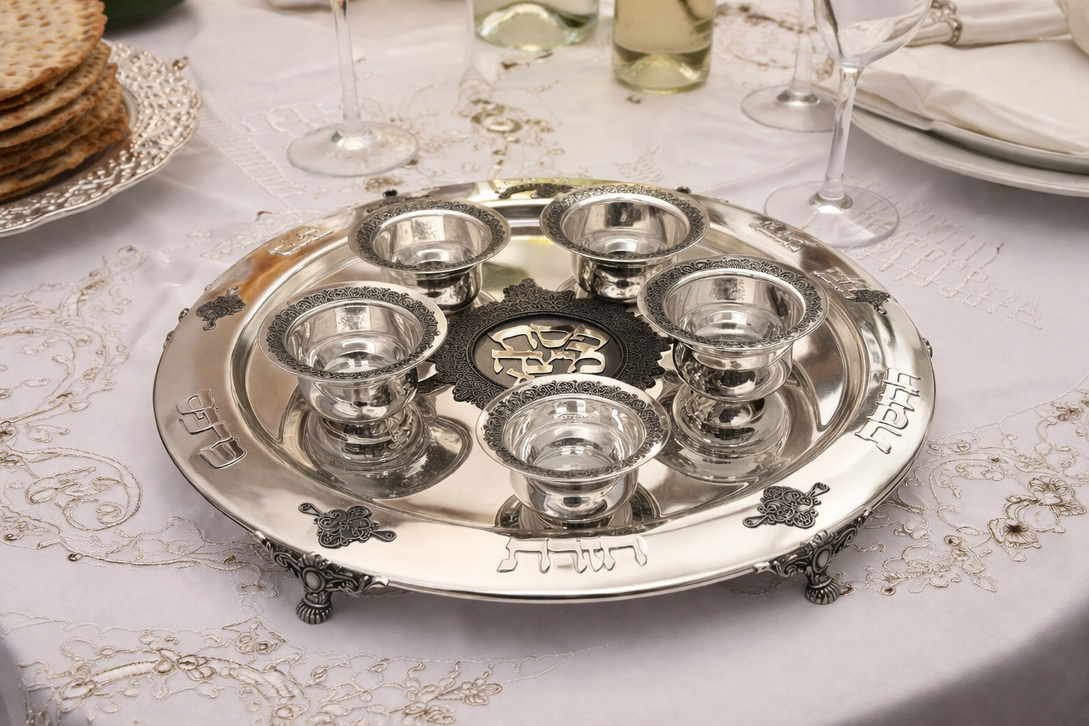 Large Yemenite Crown Filigree Silver Seder Plate on Ornate Feet