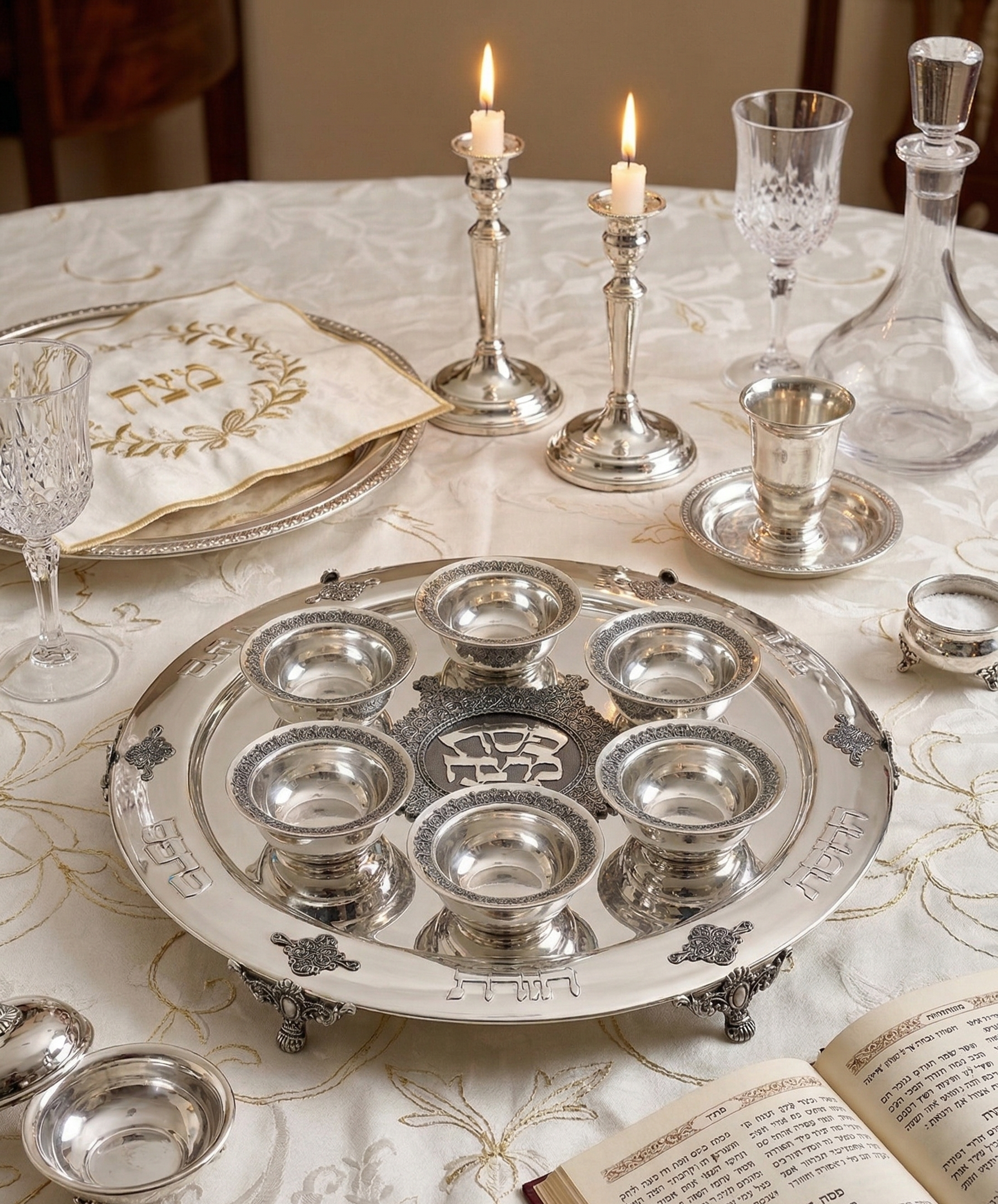 Large Yemenite Crown Filigree Silver Seder Plate on Ornate Feet