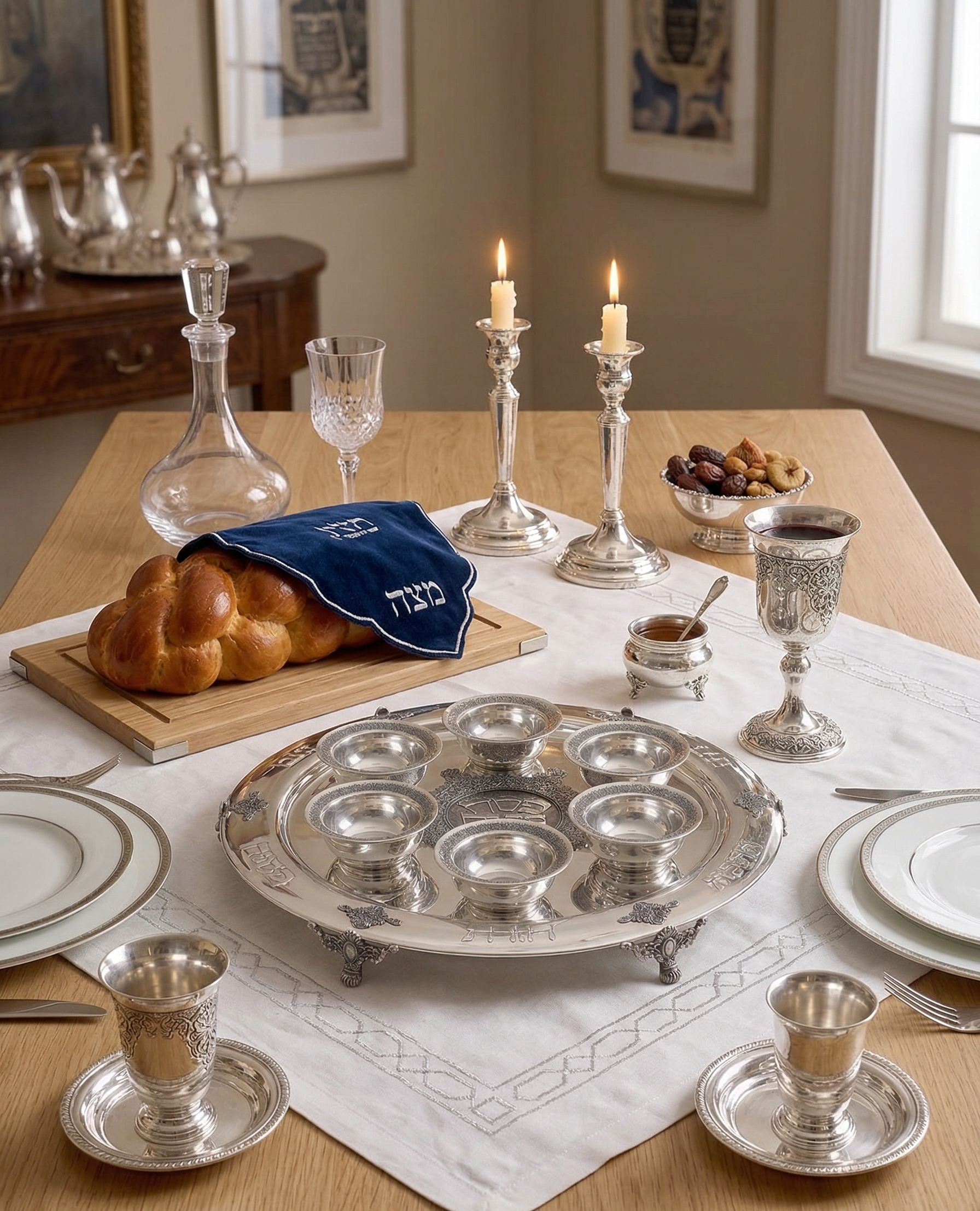 Large Yemenite Crown Filigree Silver Seder Plate on Ornate Feet