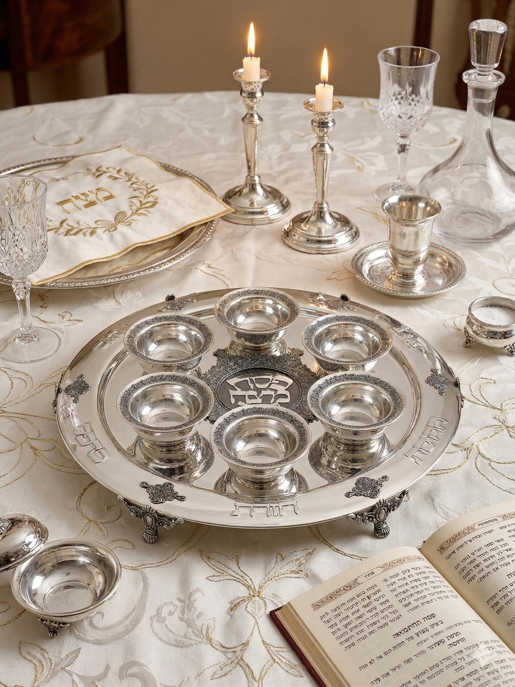 Large Yemenite Crown Filigree Silver Seder Plate on Ornate Feet