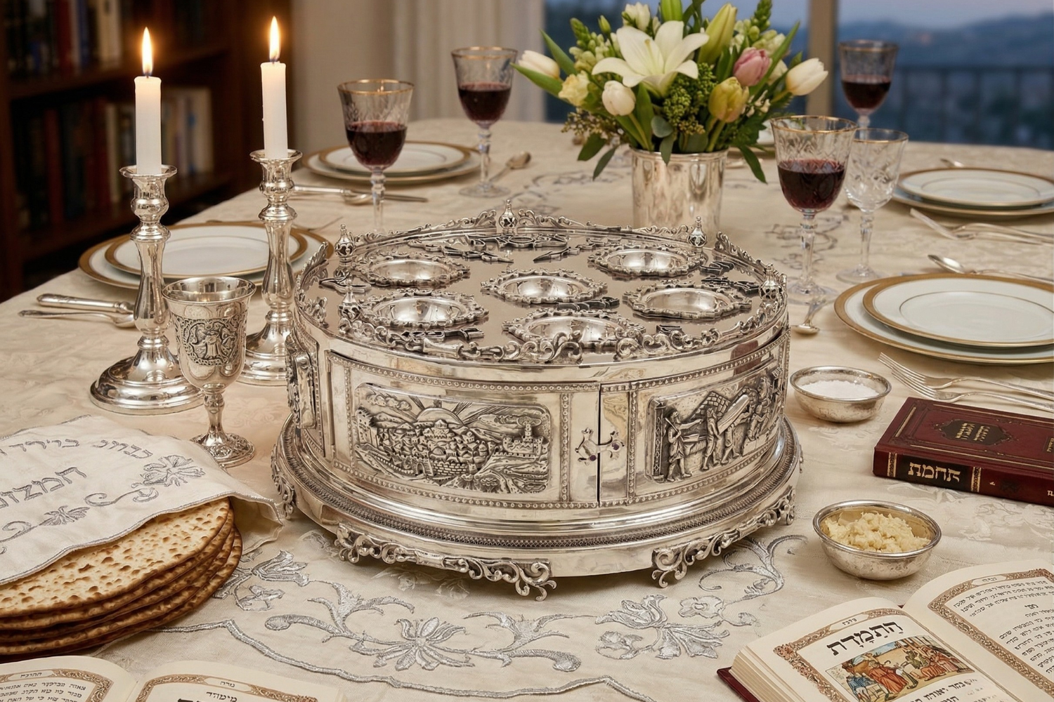 3 Tier Matzah Chamber Pure Silver Seder Plate with Exodus Story