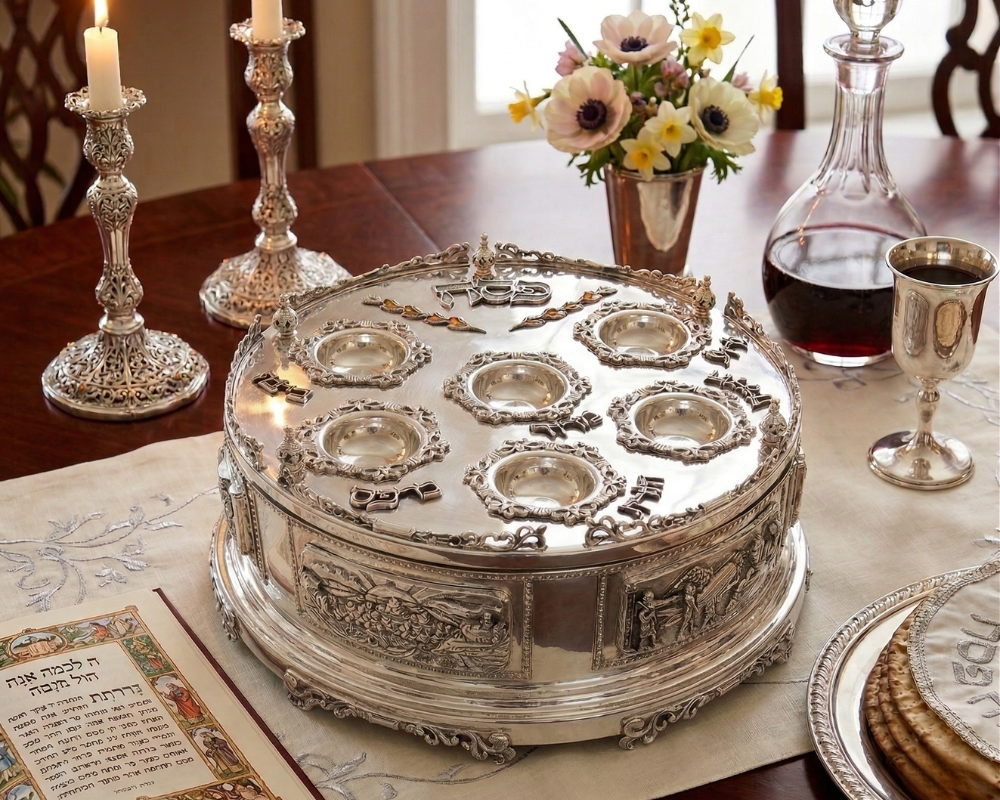 3 Tier Matzah Chamber Pure Silver Seder Plate with Exodus Story