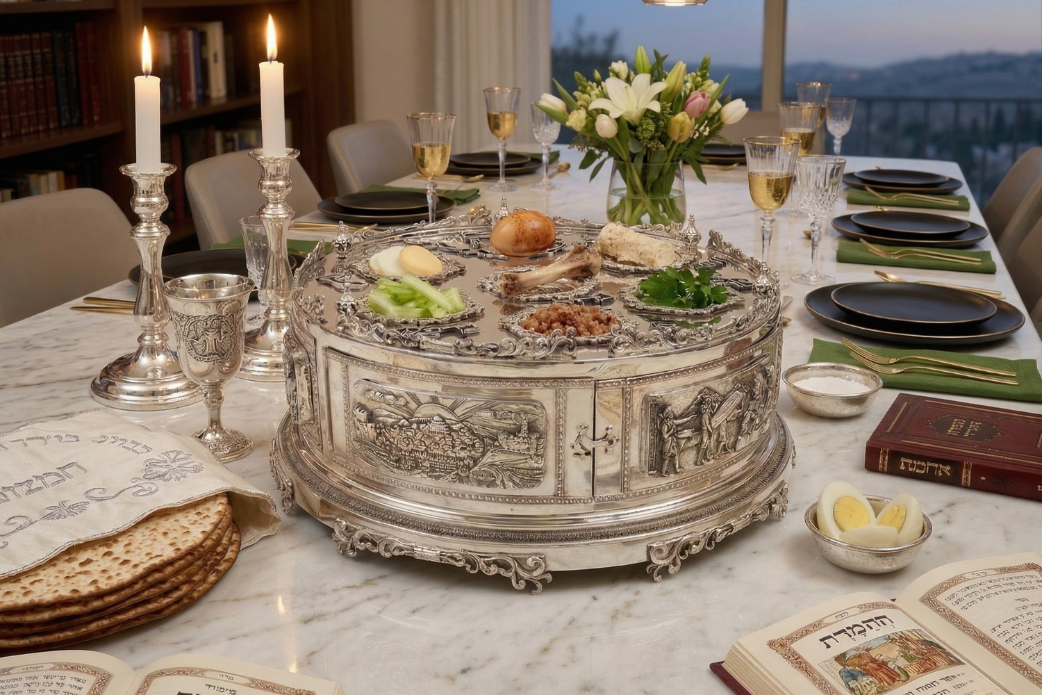 3 Tier Matzah Chamber Pure Silver Seder Plate with Exodus Story