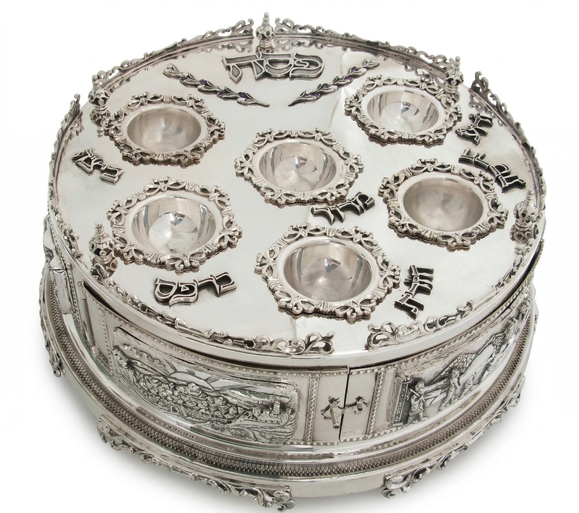 3 Tier Matzah Chamber Pure Silver Seder Plate with Exodus Story