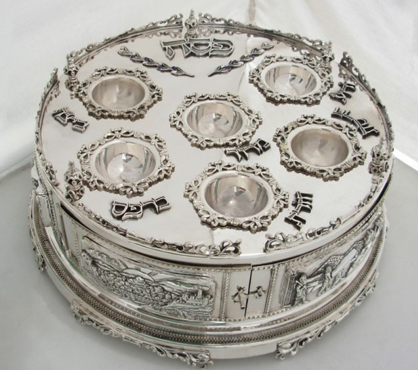 3 Tier Matzah Chamber Pure Silver Seder Plate with Exodus Story