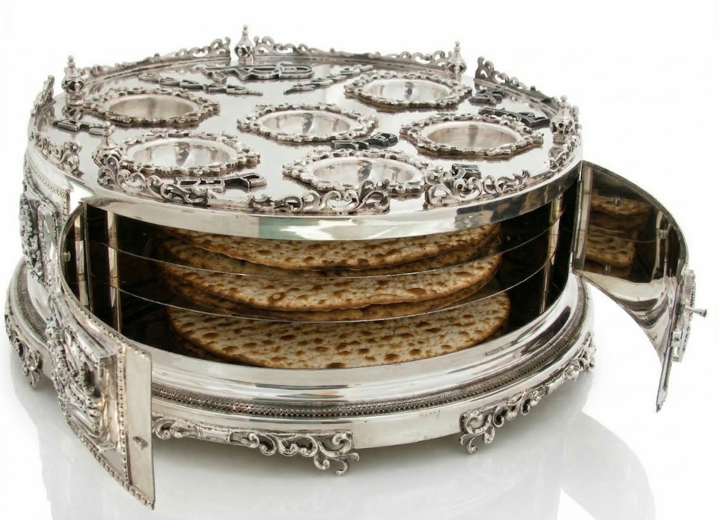 3 Tier Matzah Chamber Pure Silver Seder Plate with Exodus Story