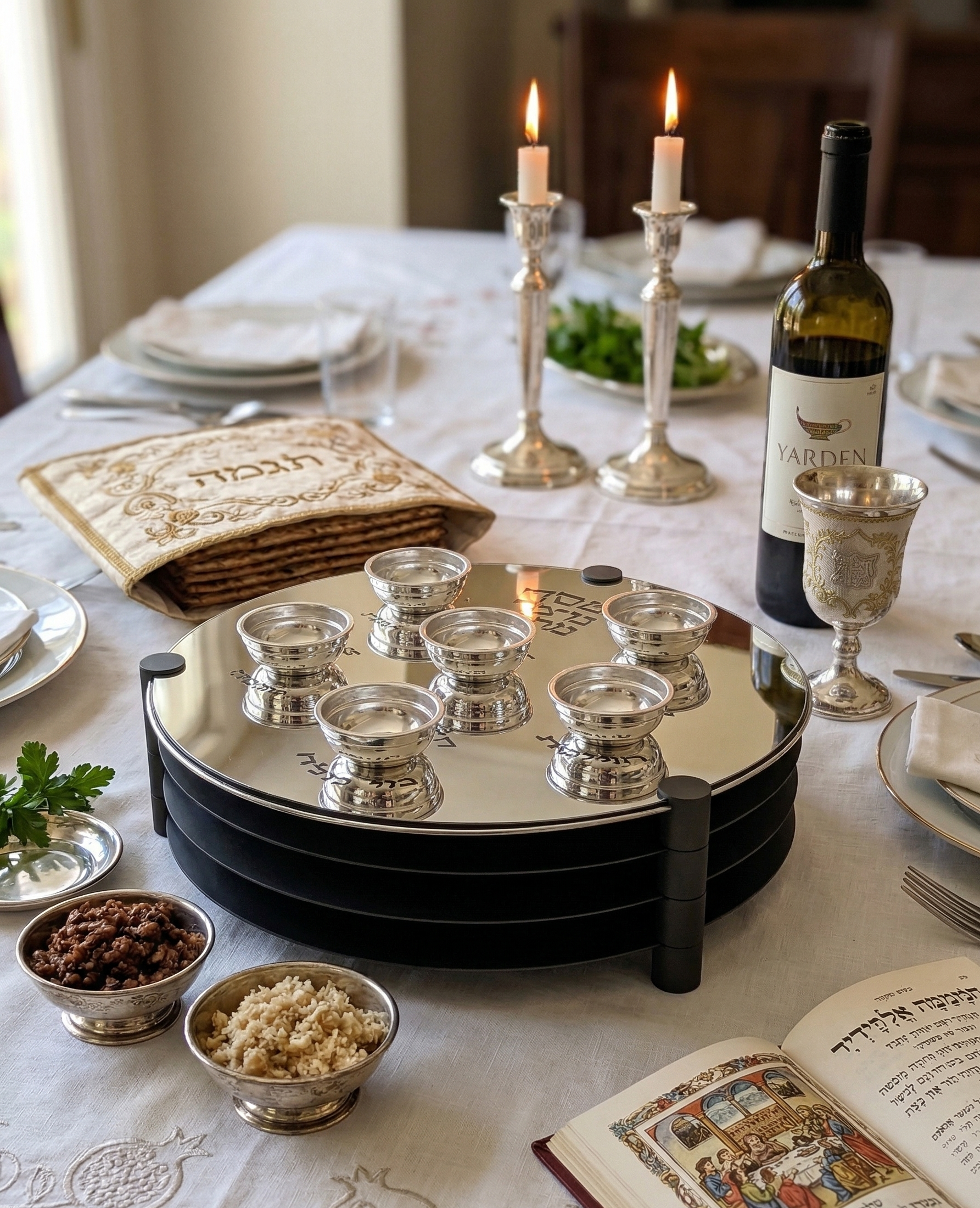 Huge Sterling Silver and Aluminum 3-Tier Seder Plate with Cotton Curtain