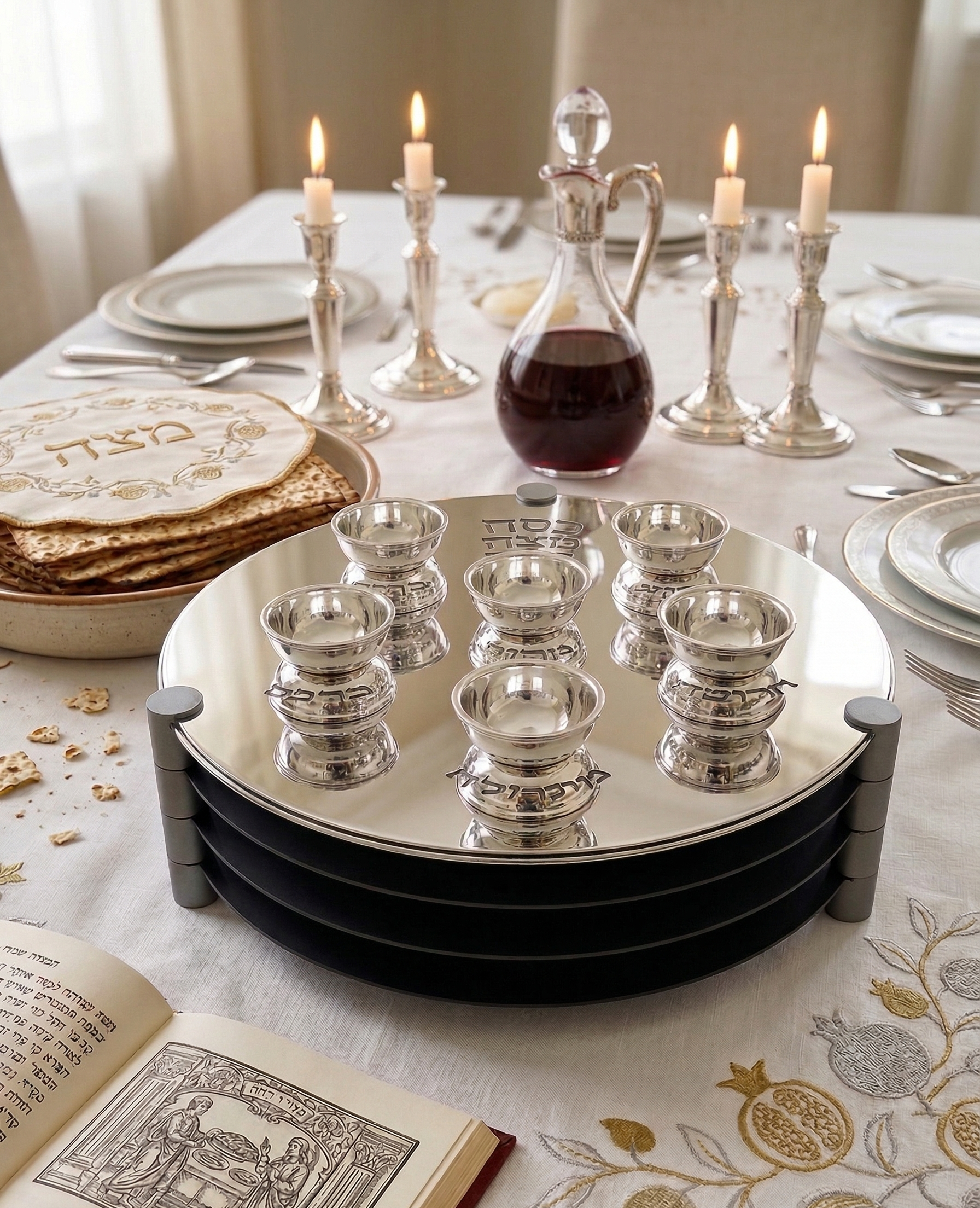 Extra Large Modern Silver Passover Seder Plate with Open Body