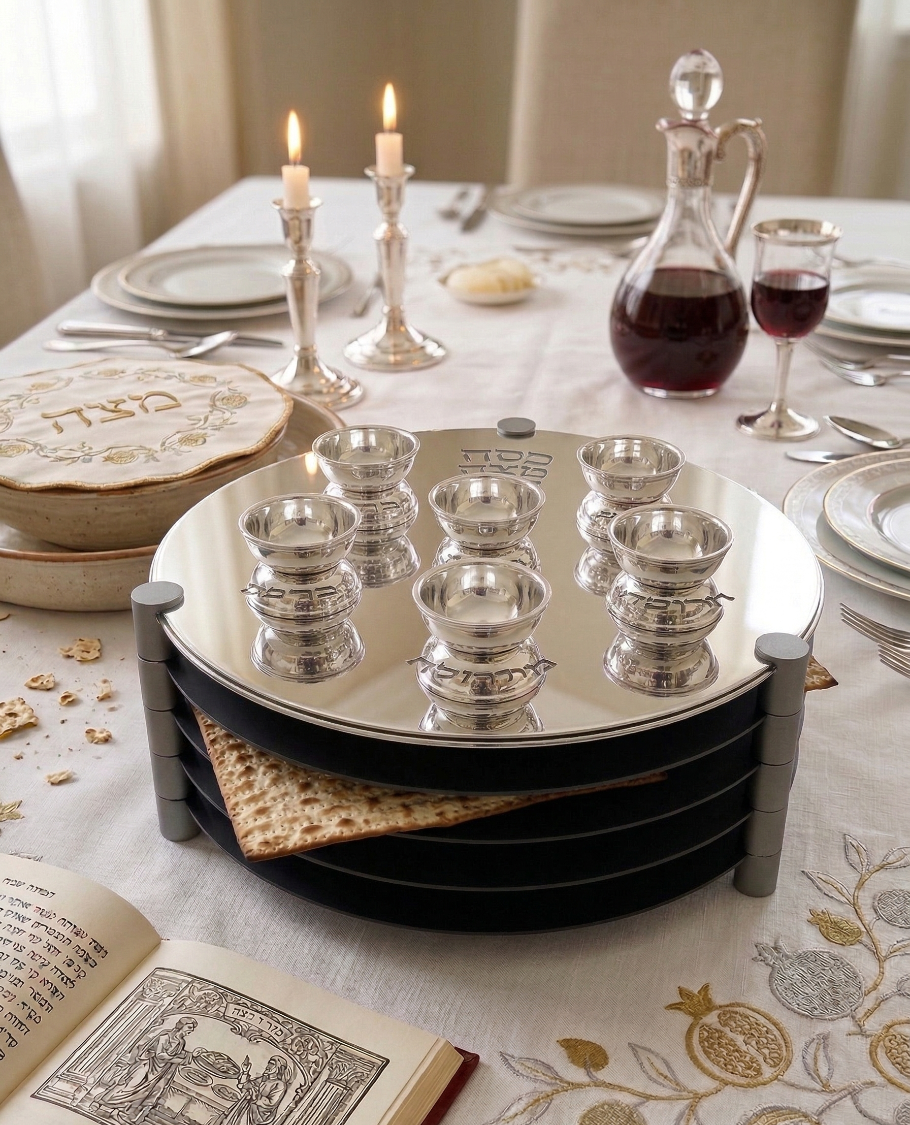 Extra Large Modern Silver Passover Seder Plate with Open Body
