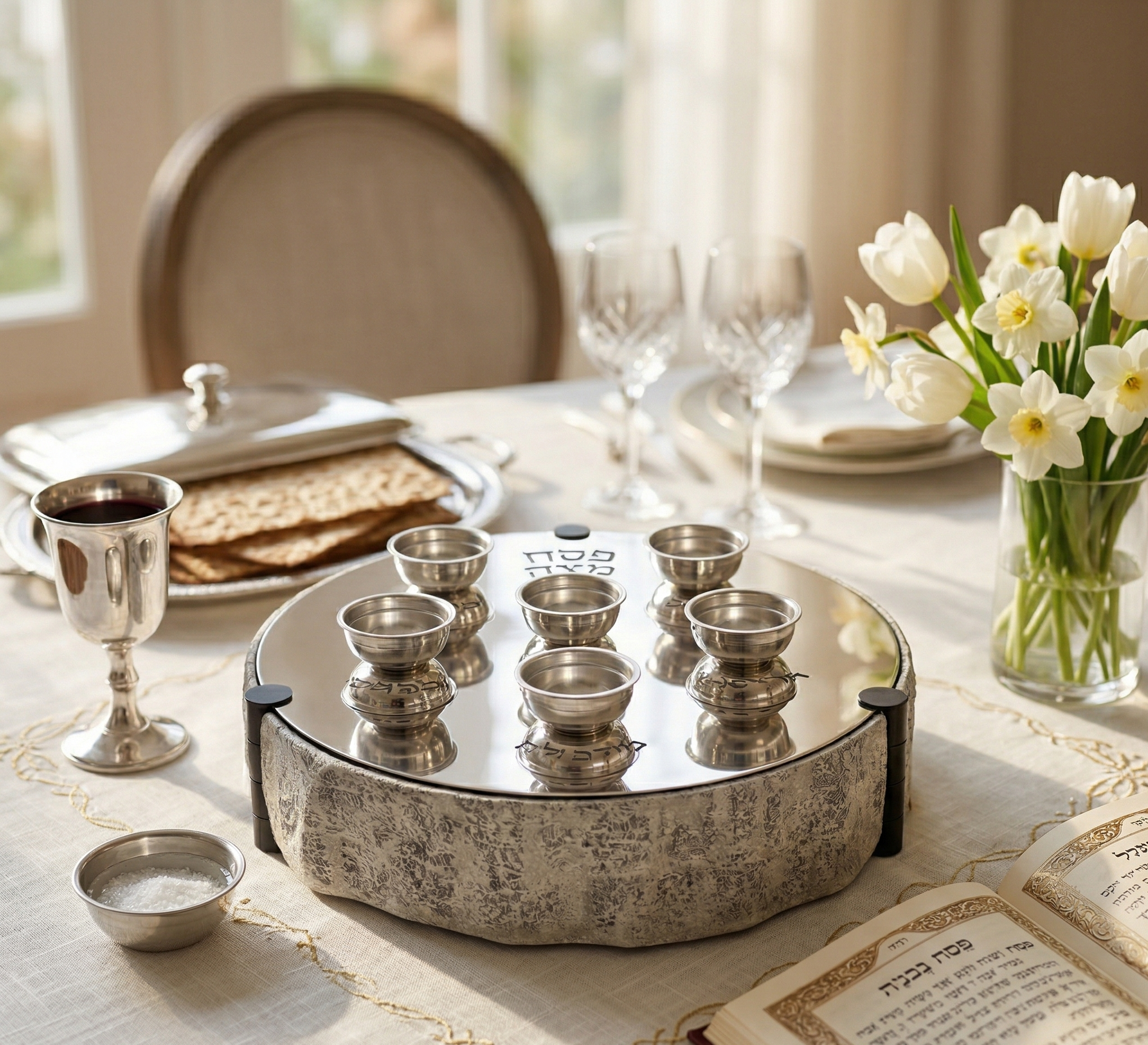 Huge Sterling Silver and Aluminum 3-Tier Seder Plate with Cotton Curtain