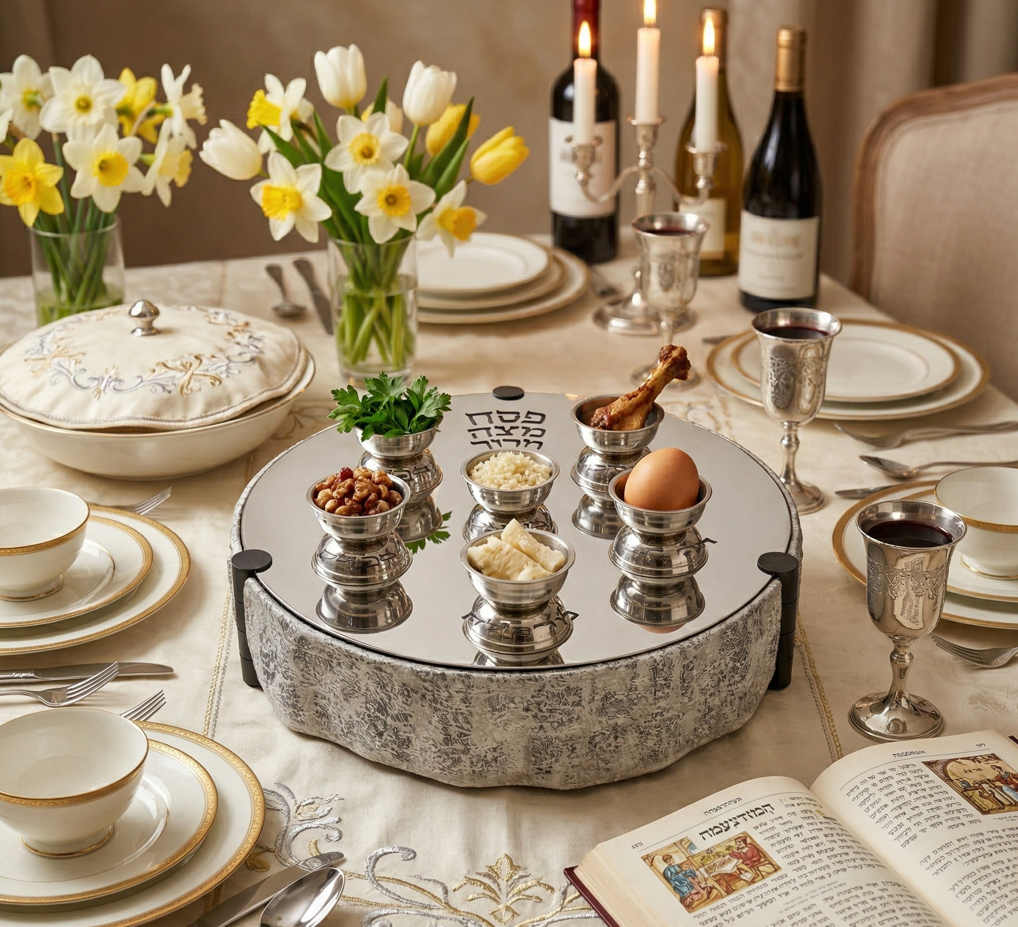 Huge Sterling Silver and Aluminum 3-Tier Seder Plate with Cotton Curtain