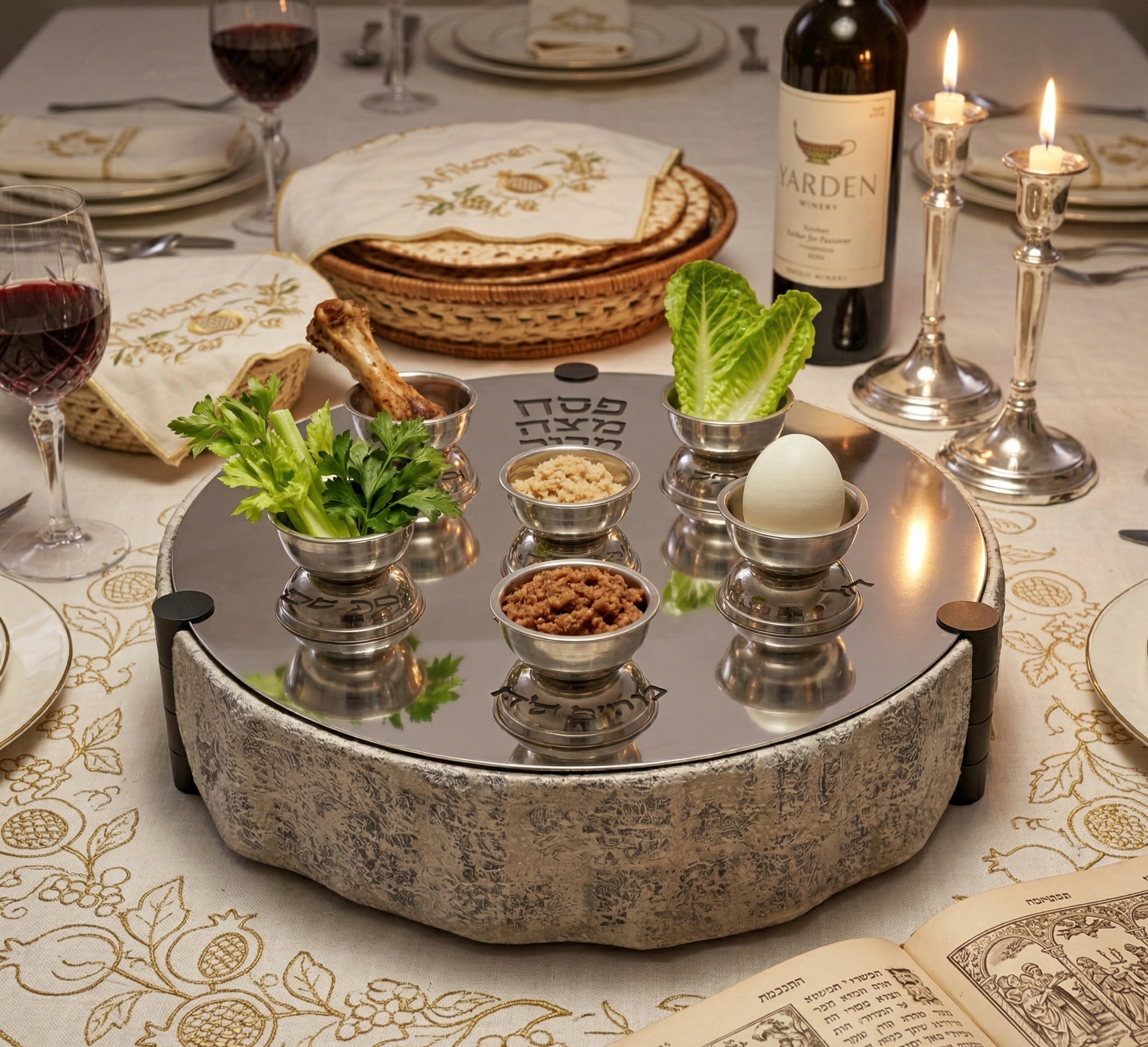 Huge Sterling Silver and Aluminum 3-Tier Seder Plate with Cotton Curtain