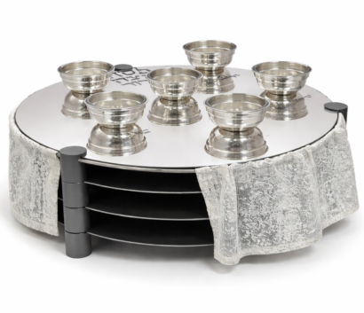 Huge Sterling Silver and Aluminum 3-Tier Seder Plate with Cotton Curtain