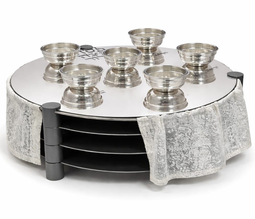 Huge Sterling Silver and Aluminum 3-Tier Seder Plate with Cotton Curtain