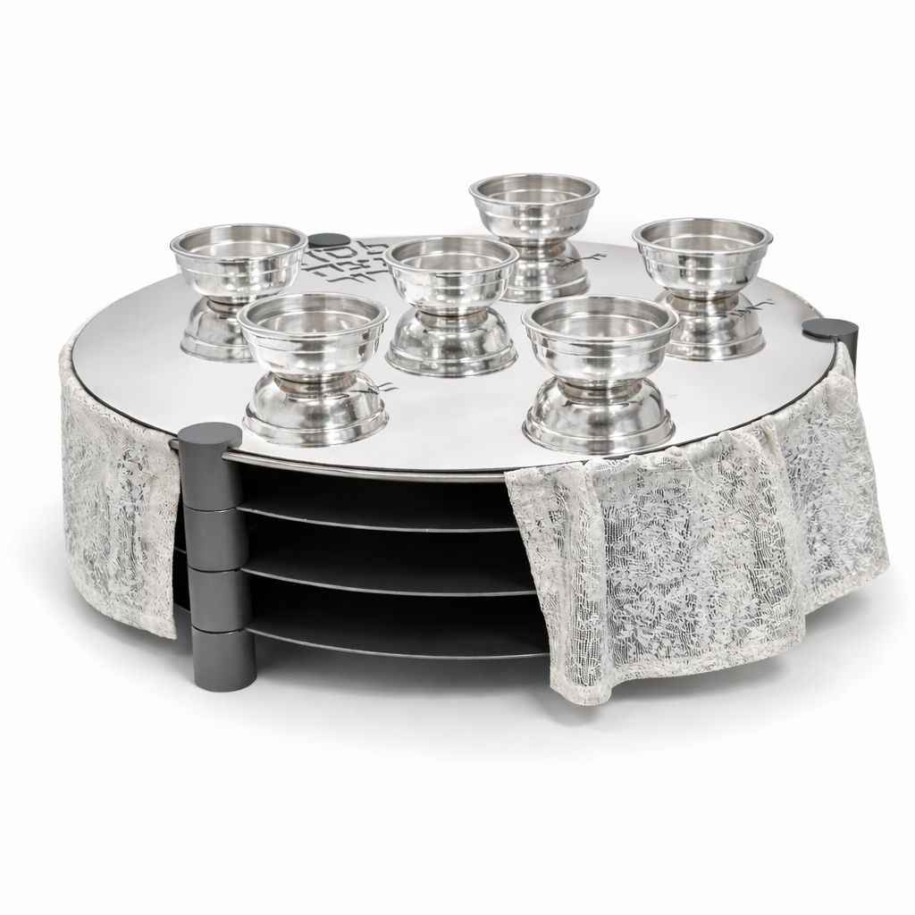 Huge Sterling Silver and Aluminum 3-Tier Seder Plate with Cotton Curtain