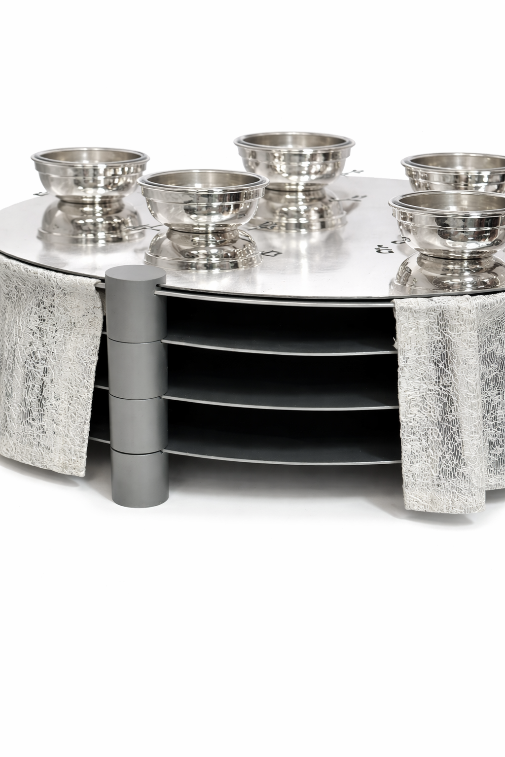 Huge Sterling Silver and Aluminum 3-Tier Seder Plate with Cotton Curtain